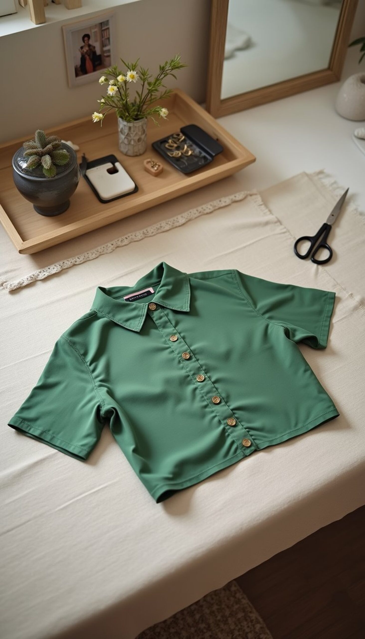 Upcycled Green Button-Up Turned Crop Top