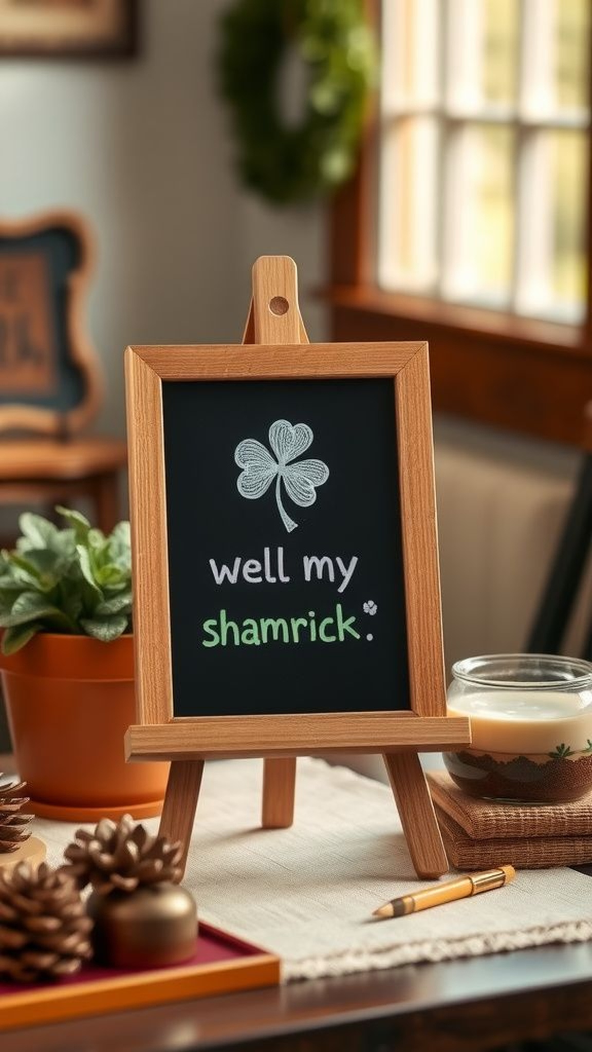 Chalkboard sign with hand-drawn shamrock message