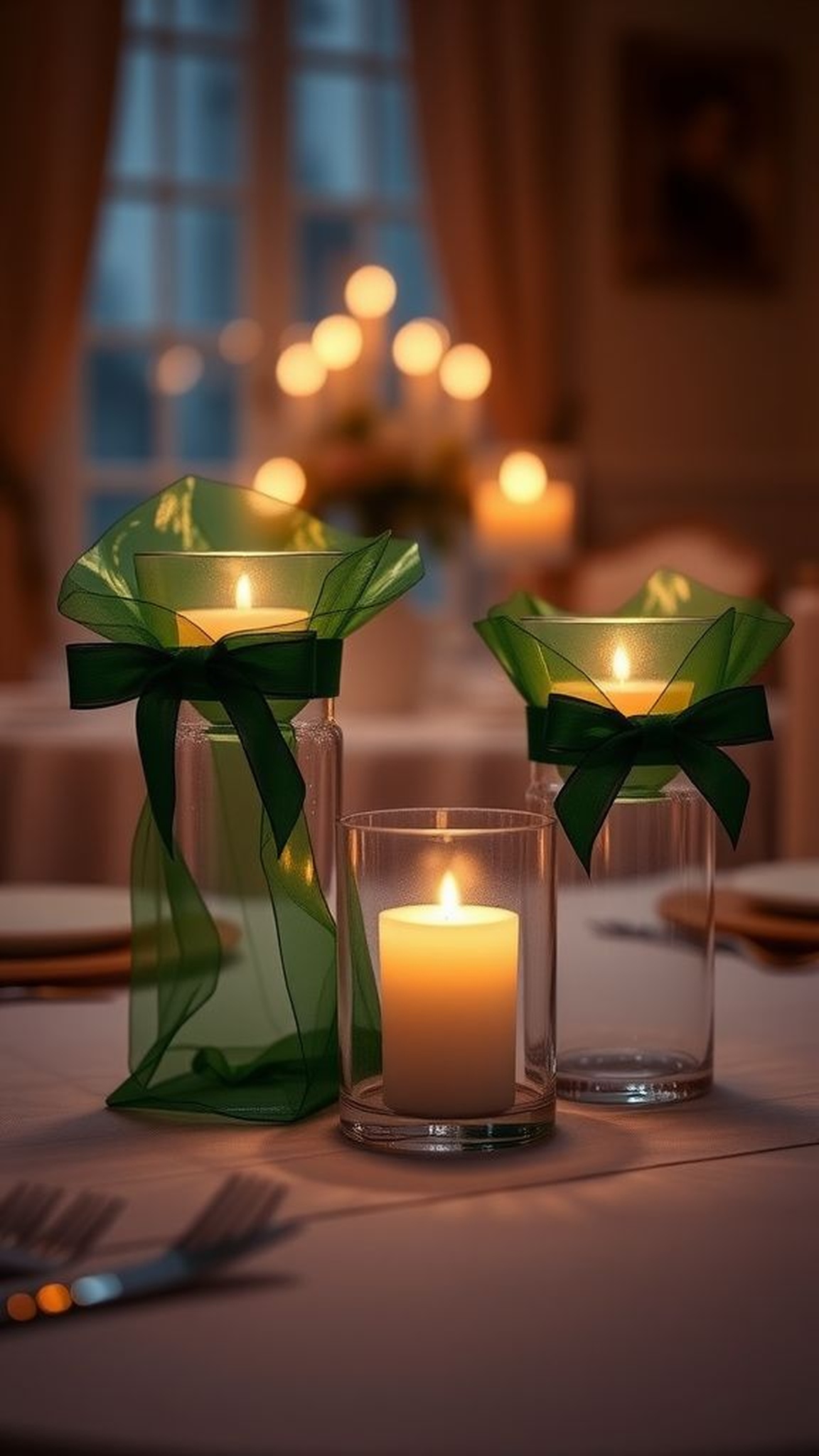 Emerald candle holders with ribbon accents