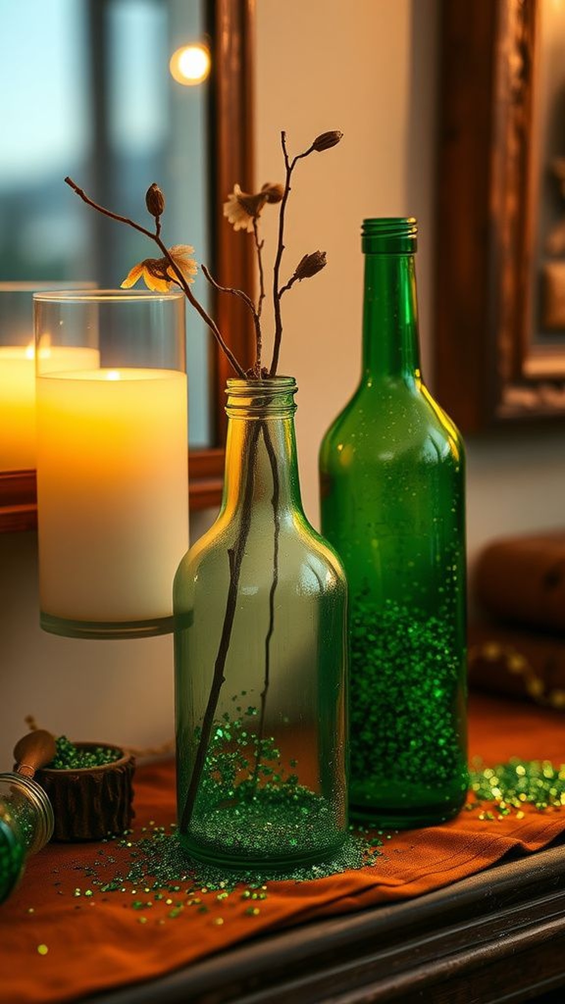 Glittered glass bottles for rustic mantel display