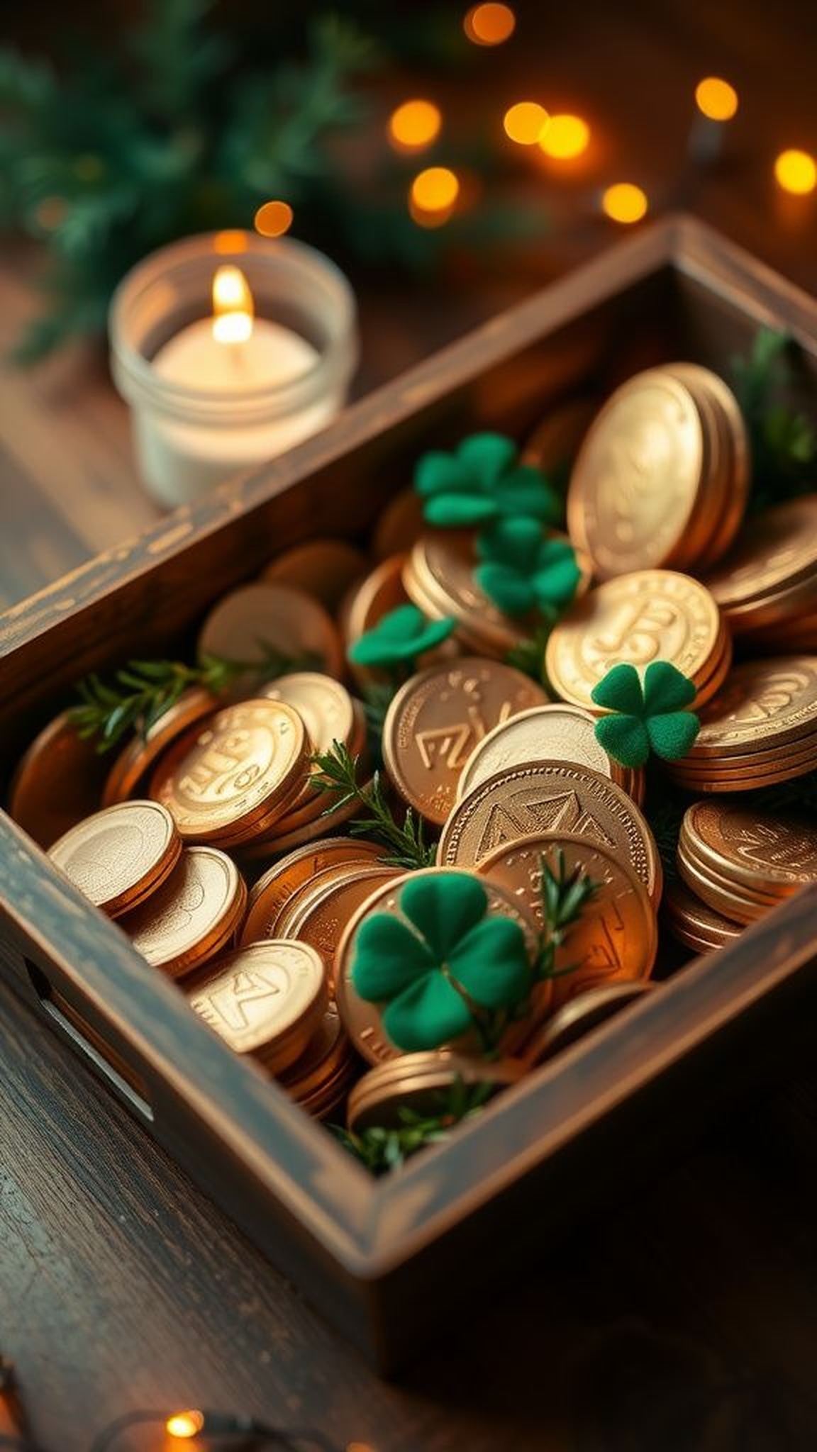 Gold coin centerpiece in a low rustic tray