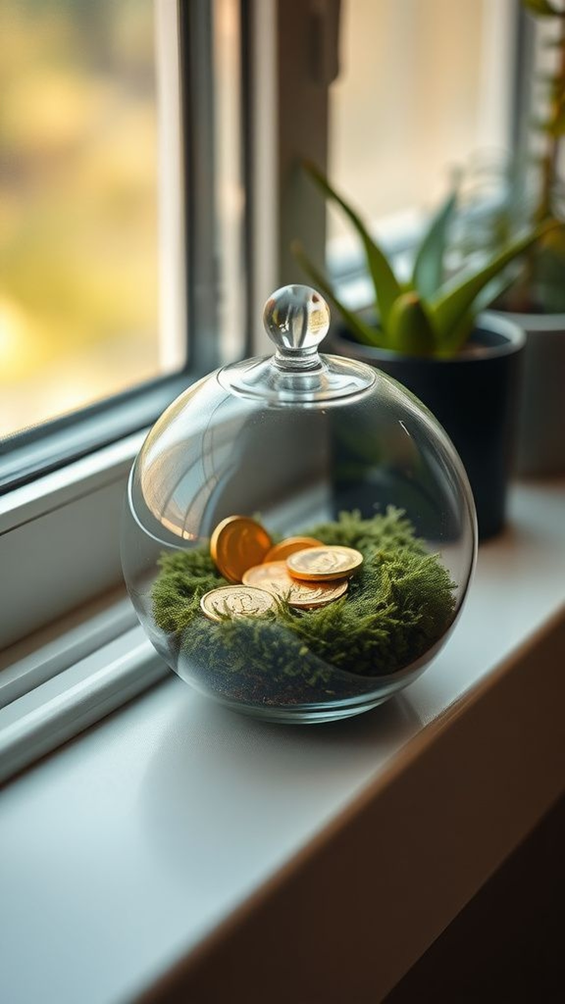 Mini terrarium with faux coins and moss base