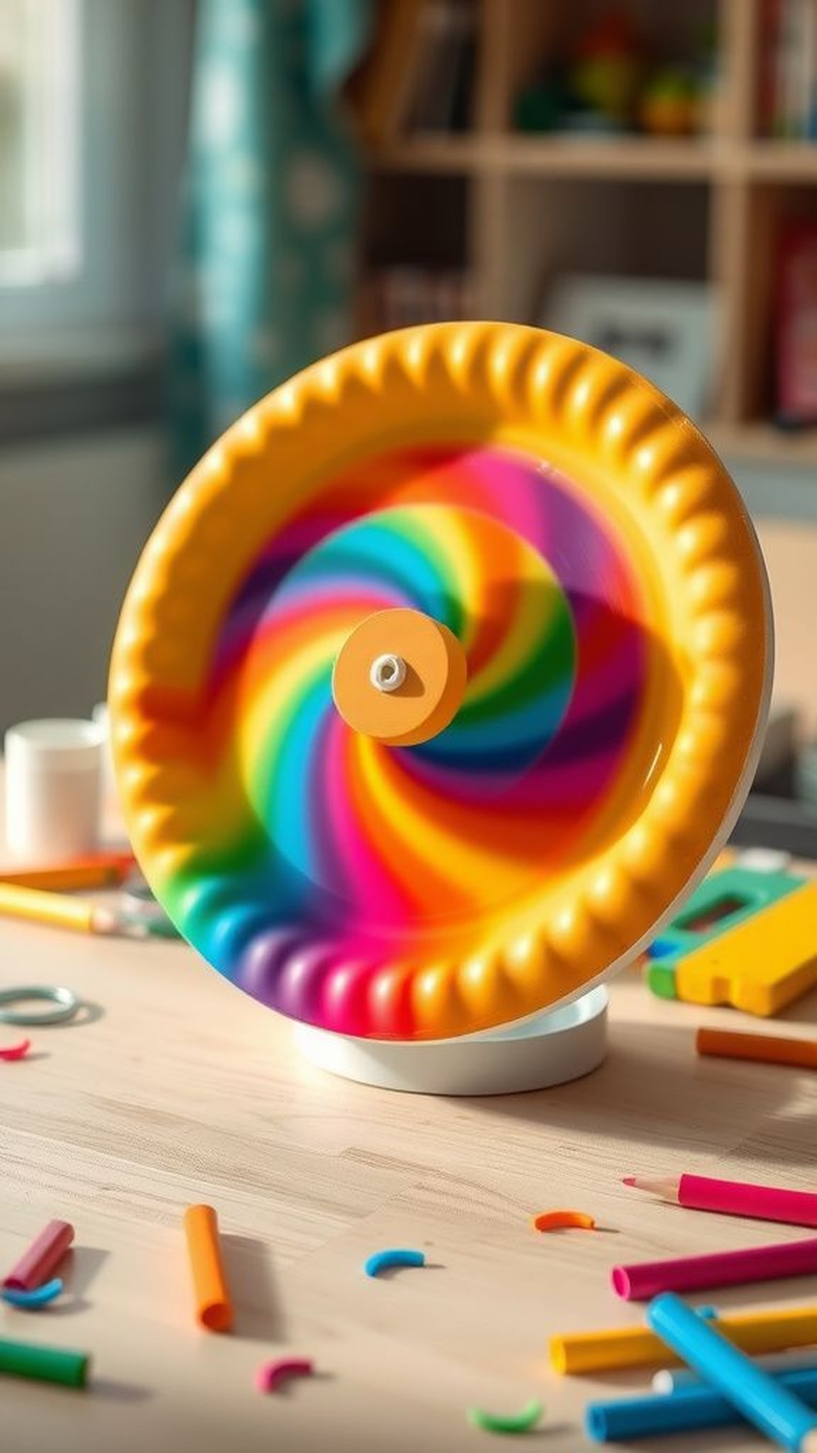 Rainbow paper plate spinners for kids' delight