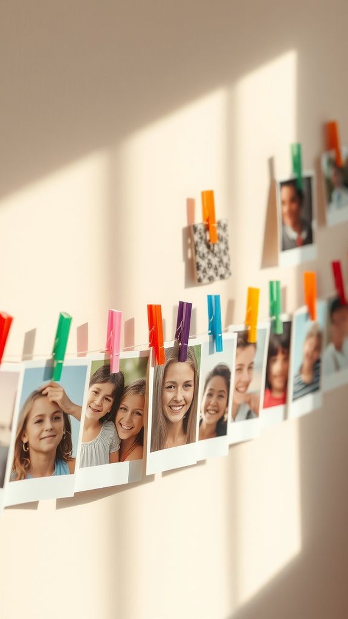 Rainbow photo display on a string of clothespins