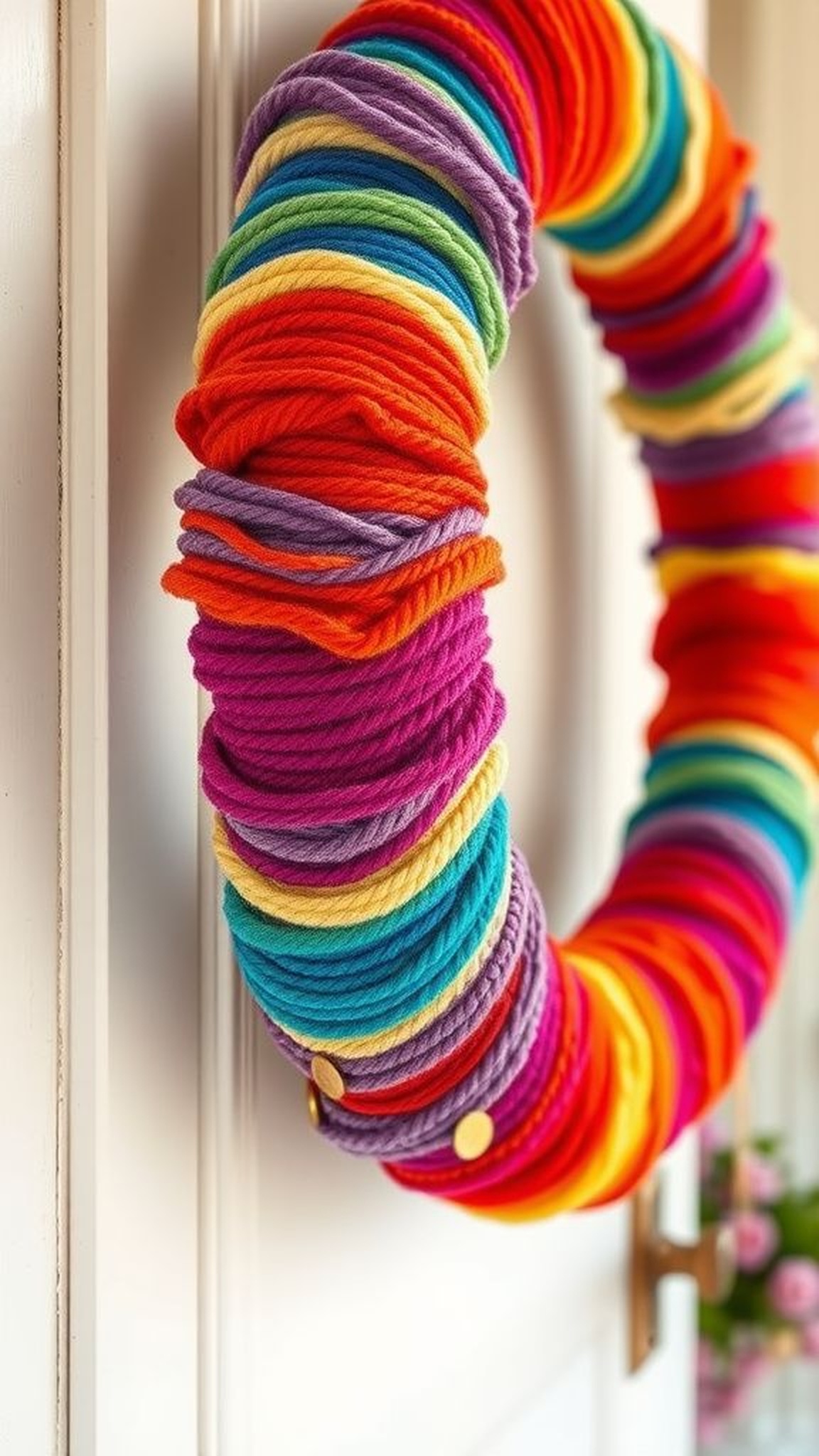 Rainbow yarn wreath with playful color bands