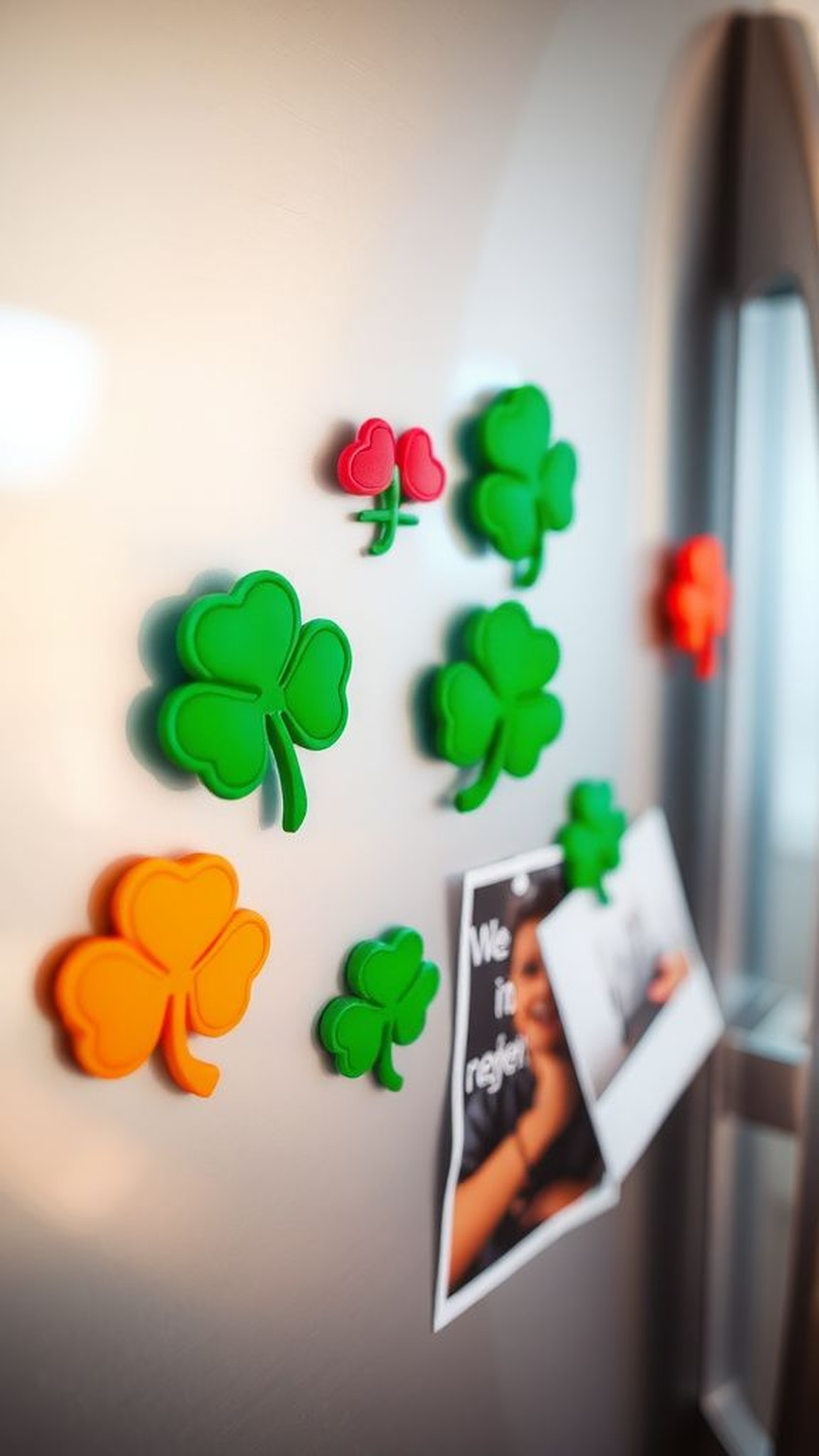 Shamrock button magnets brightening the fridge
