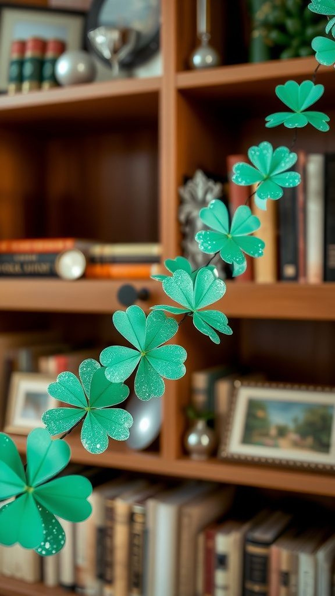 Sparkly shamrock garland to drape the shelf