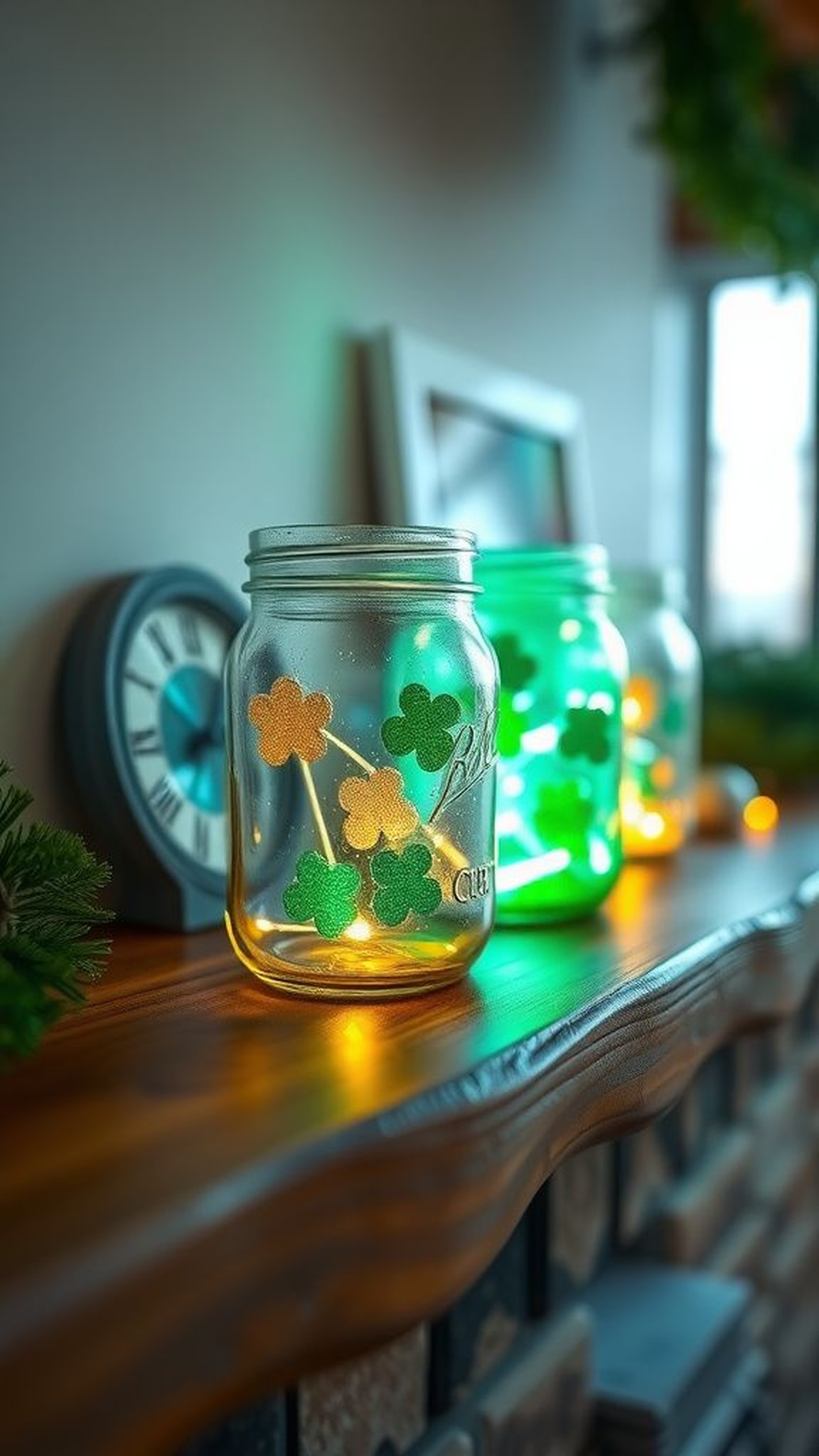Twinkling shamrock mason jar lanterns for mantle