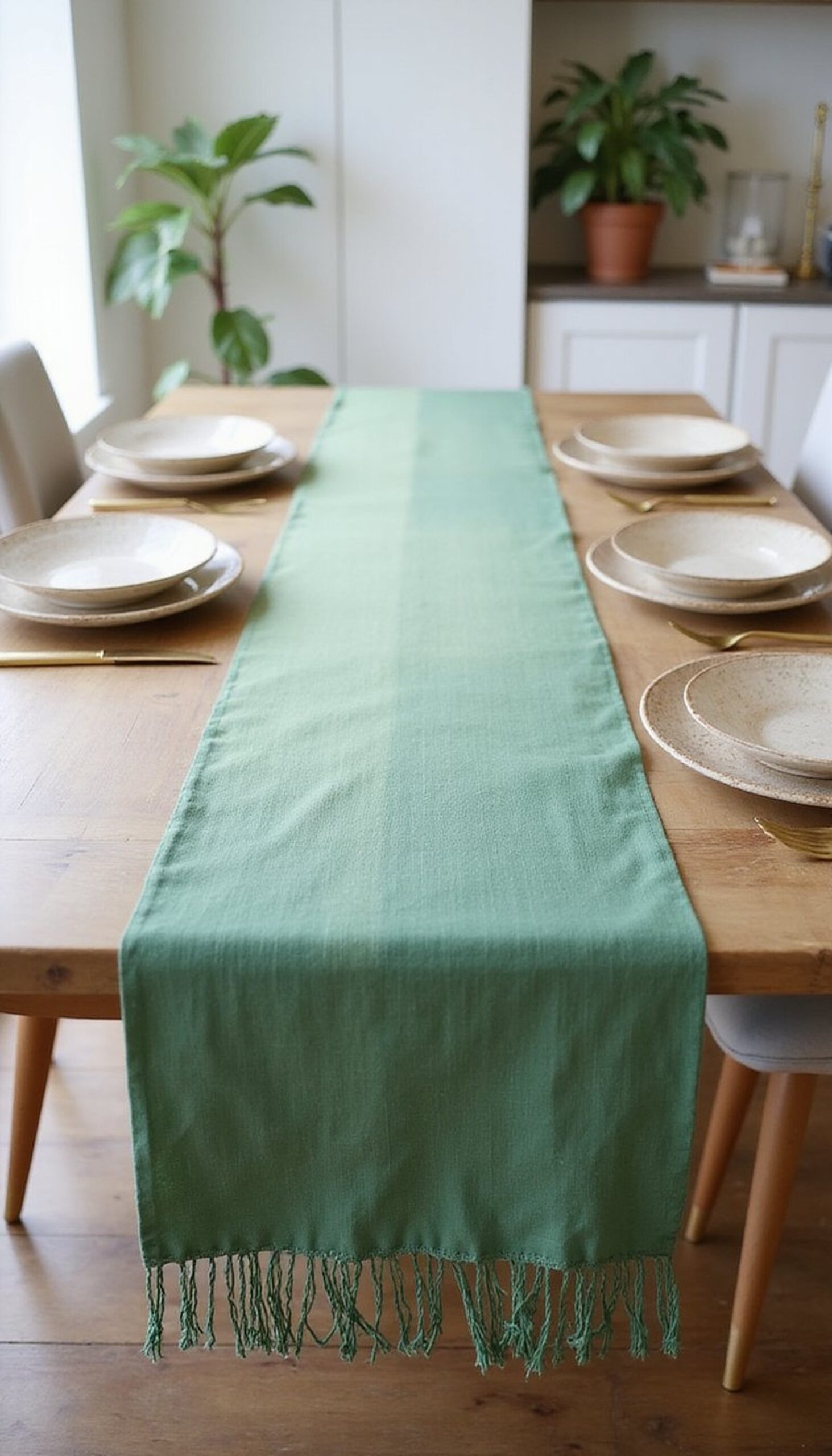 Green ombré table runner with fringe edges