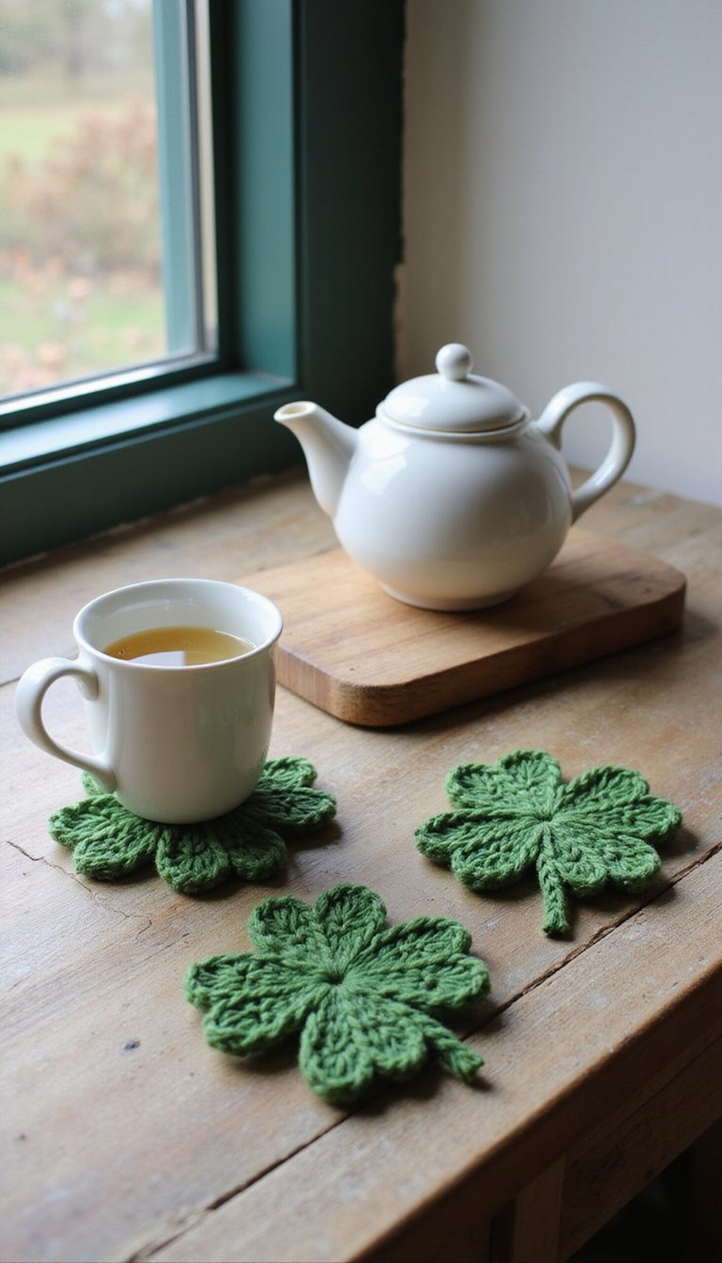 Knitted shamrock coasters: cozy tea corner idea
