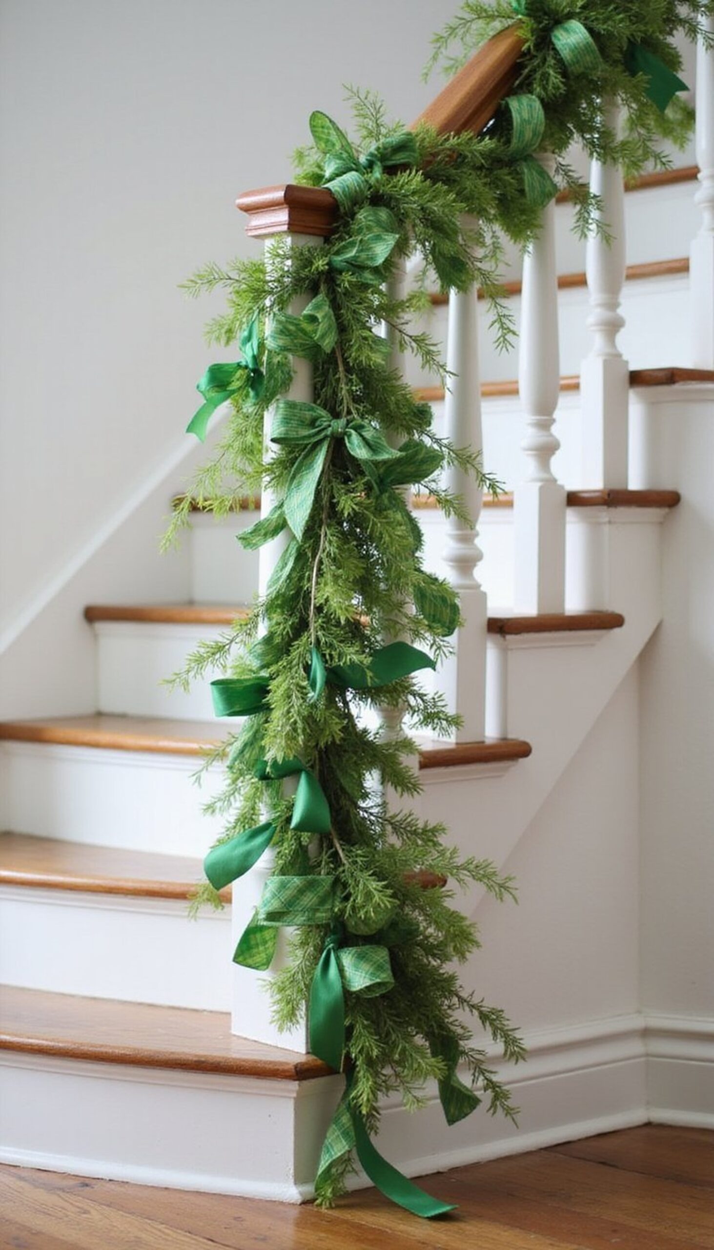 Ribbon-wrapped clover garland for stair rail