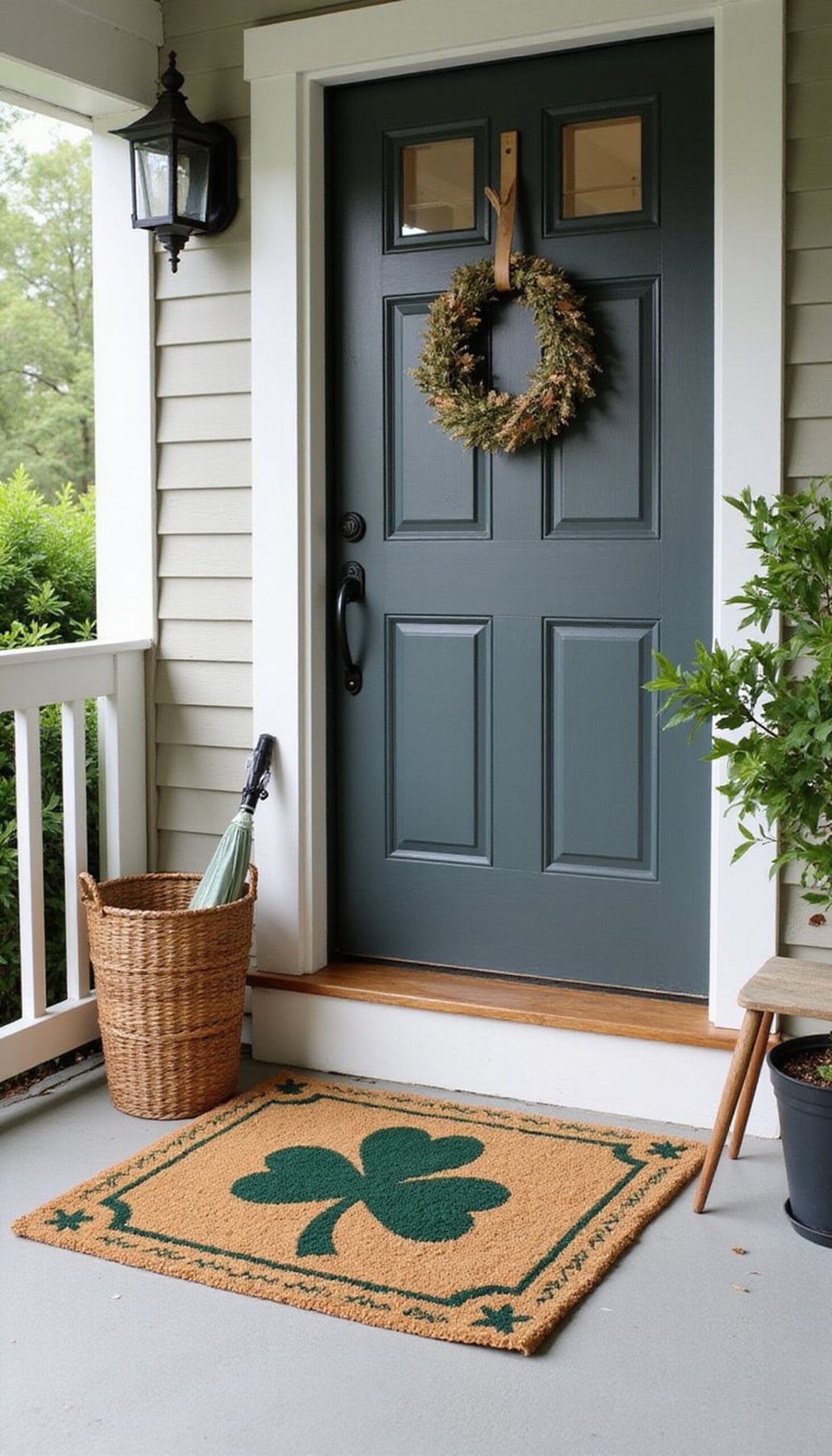 Stenciled doormat with shamrock motif