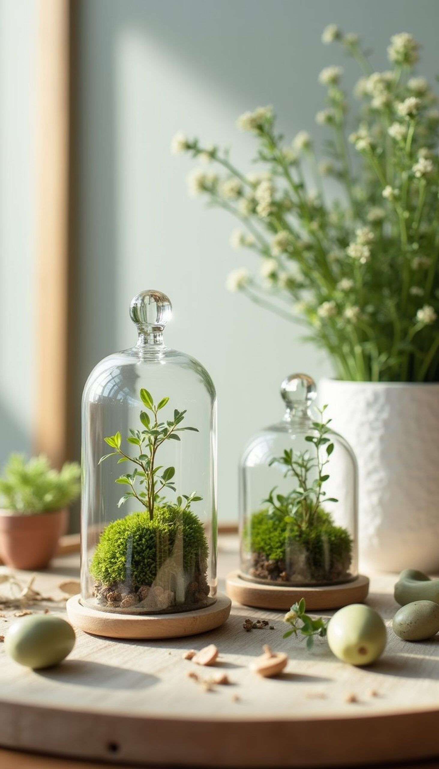 Tiny terrarium clover scenes under cloches