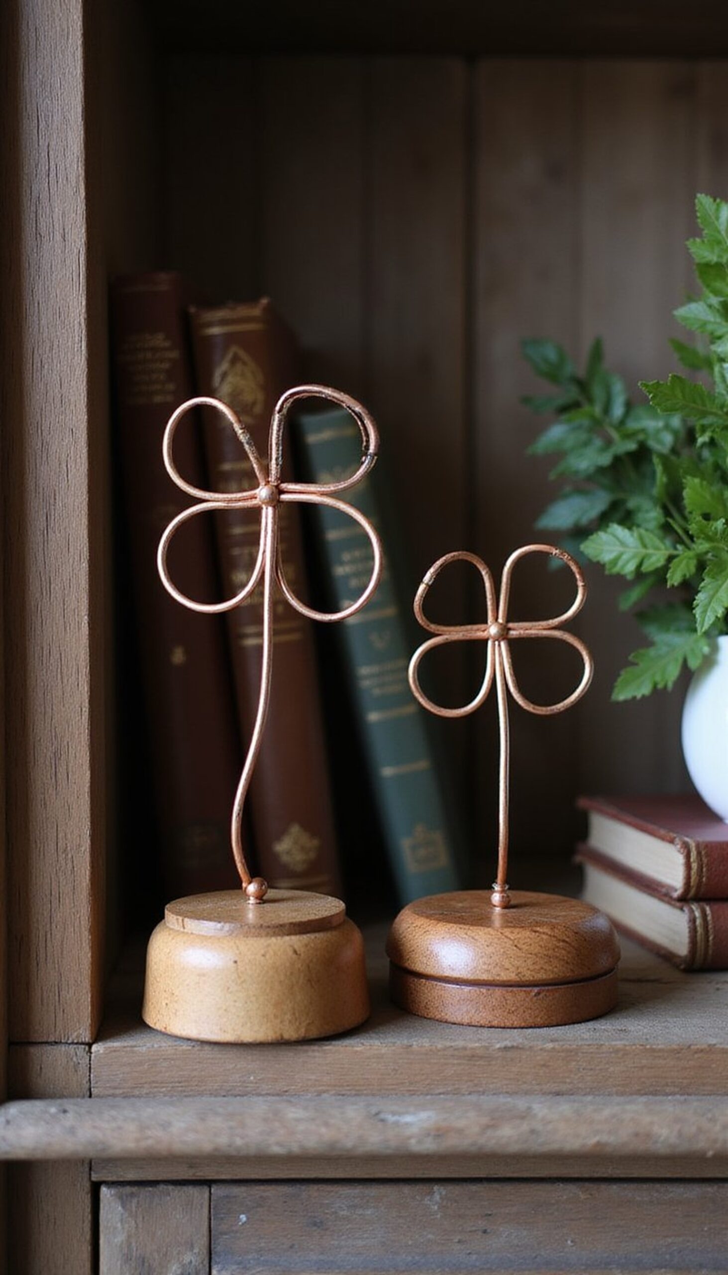 Wire clover sculptures for bookshelf accents