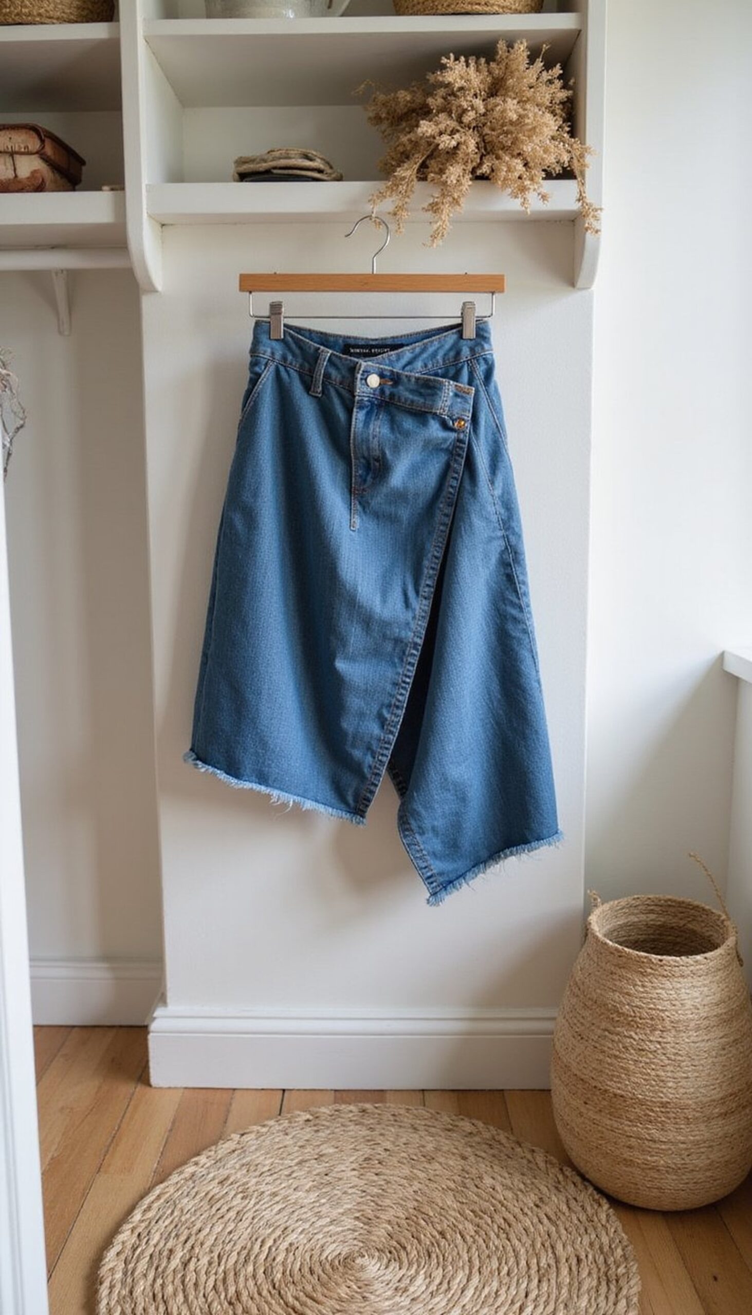 Asymmetric wrap denim skirt: playful edges