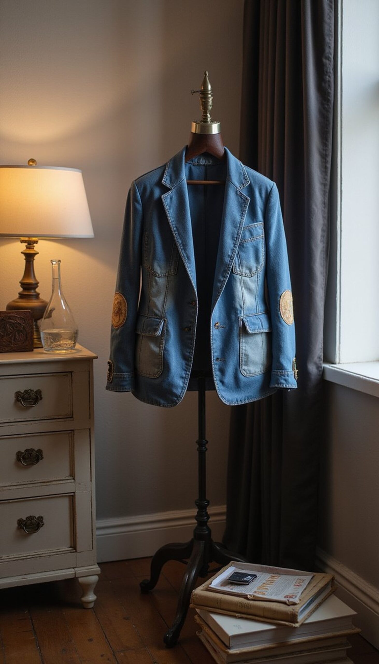 Denim blazer with elbow patch personality