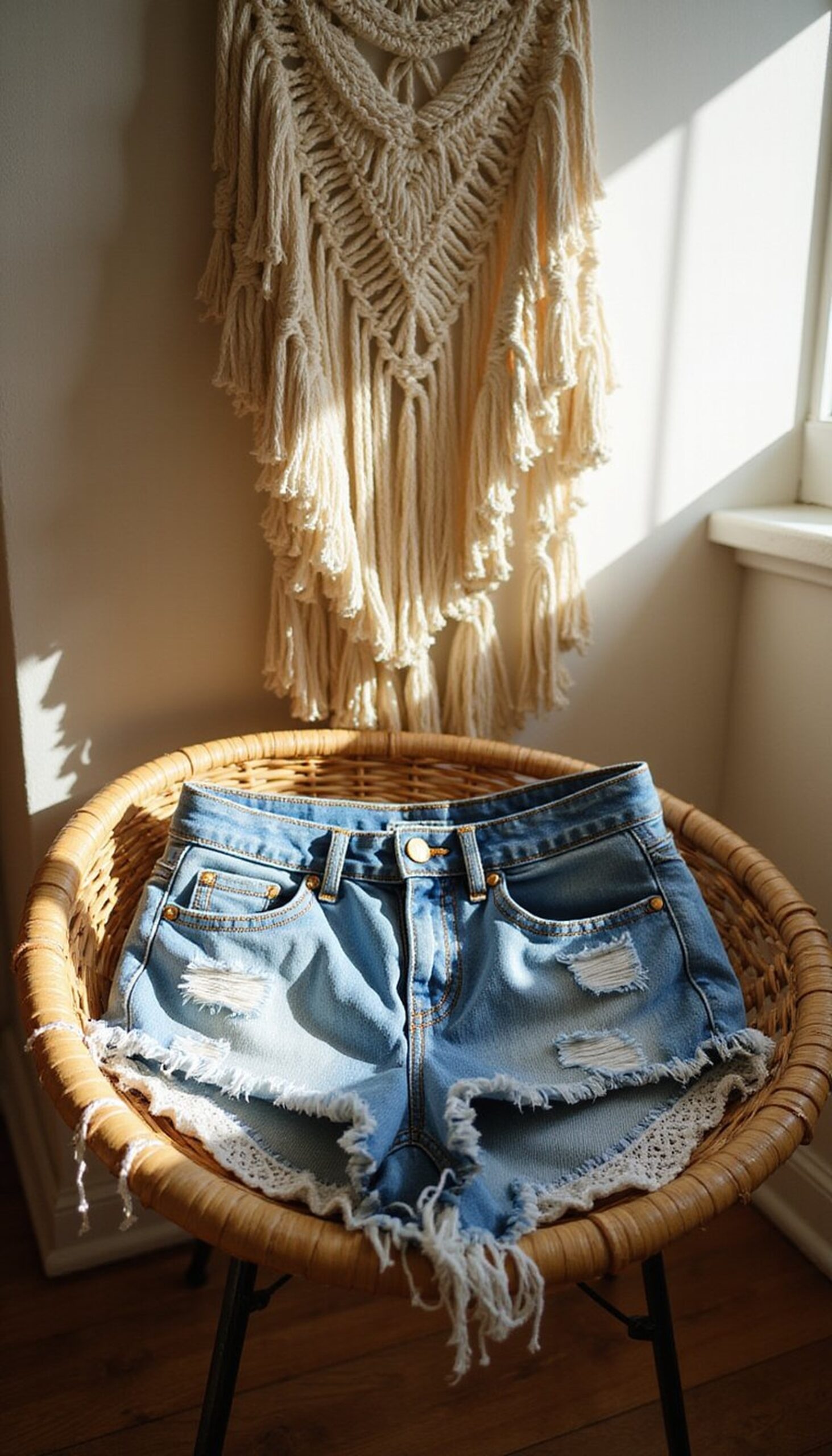 Distressed denim shorts with lace trim