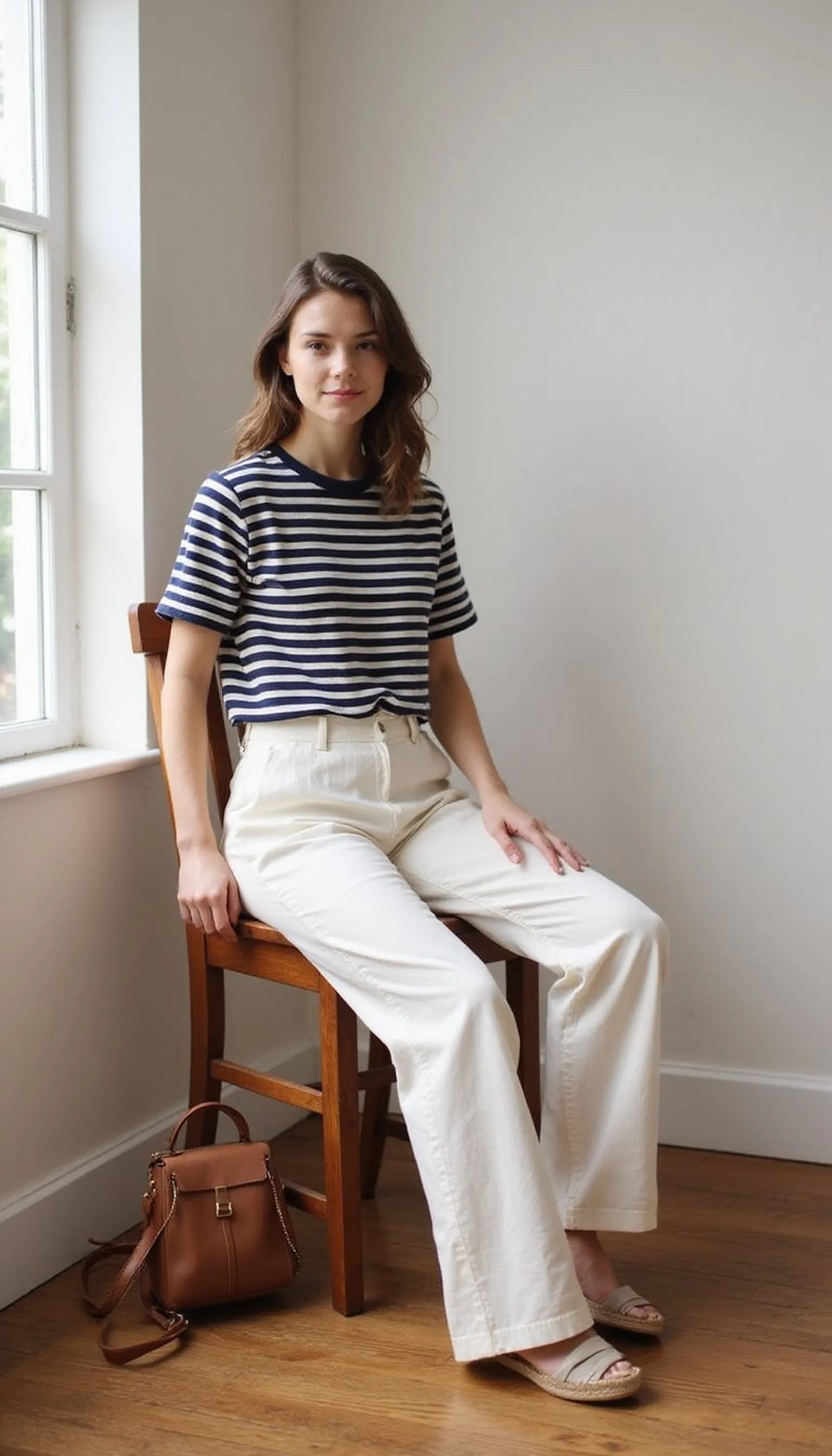 Breton stripes meet wide-leg trousers for seaside cafés