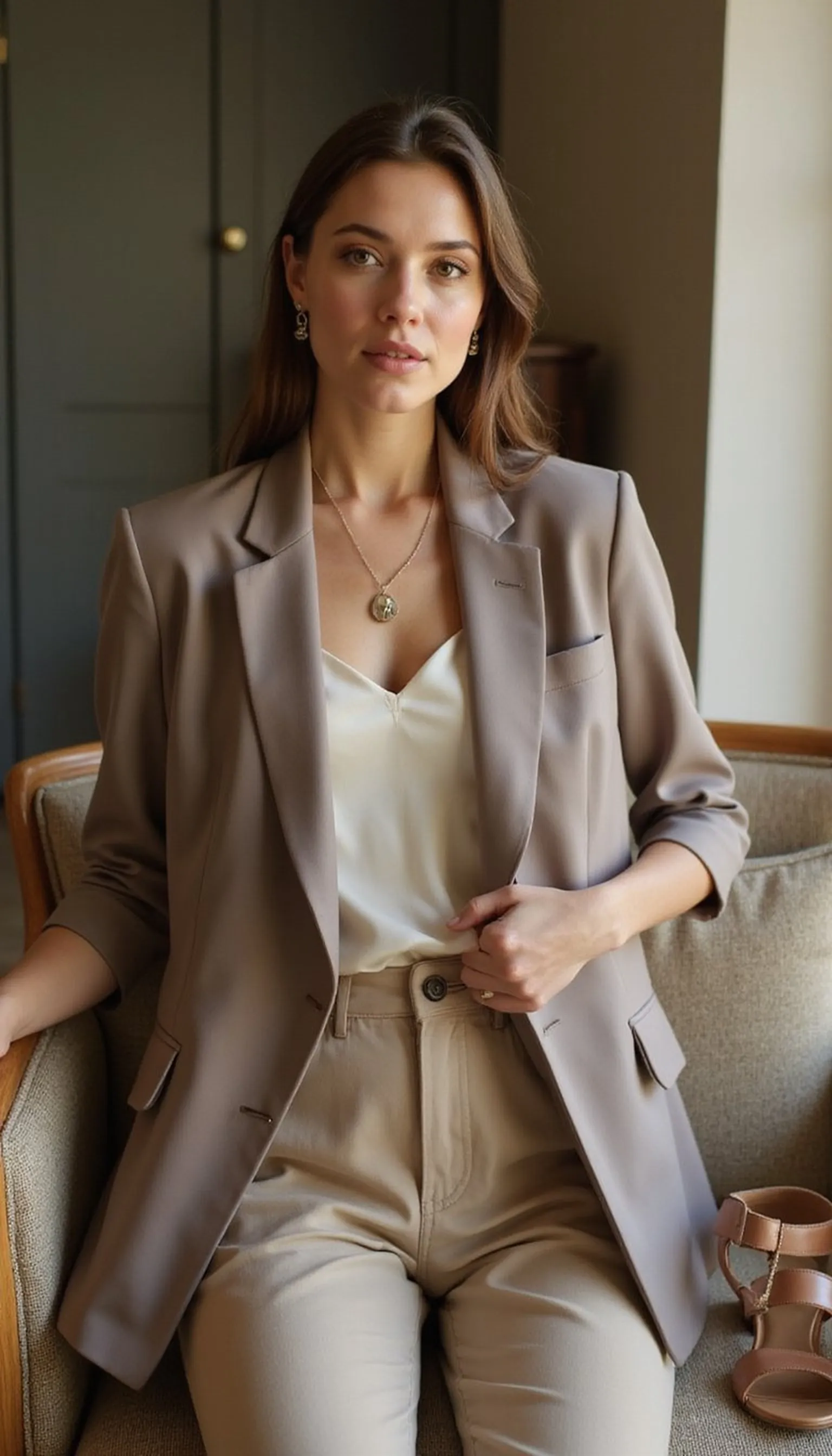 Classic blazer over camisole for cooler nights