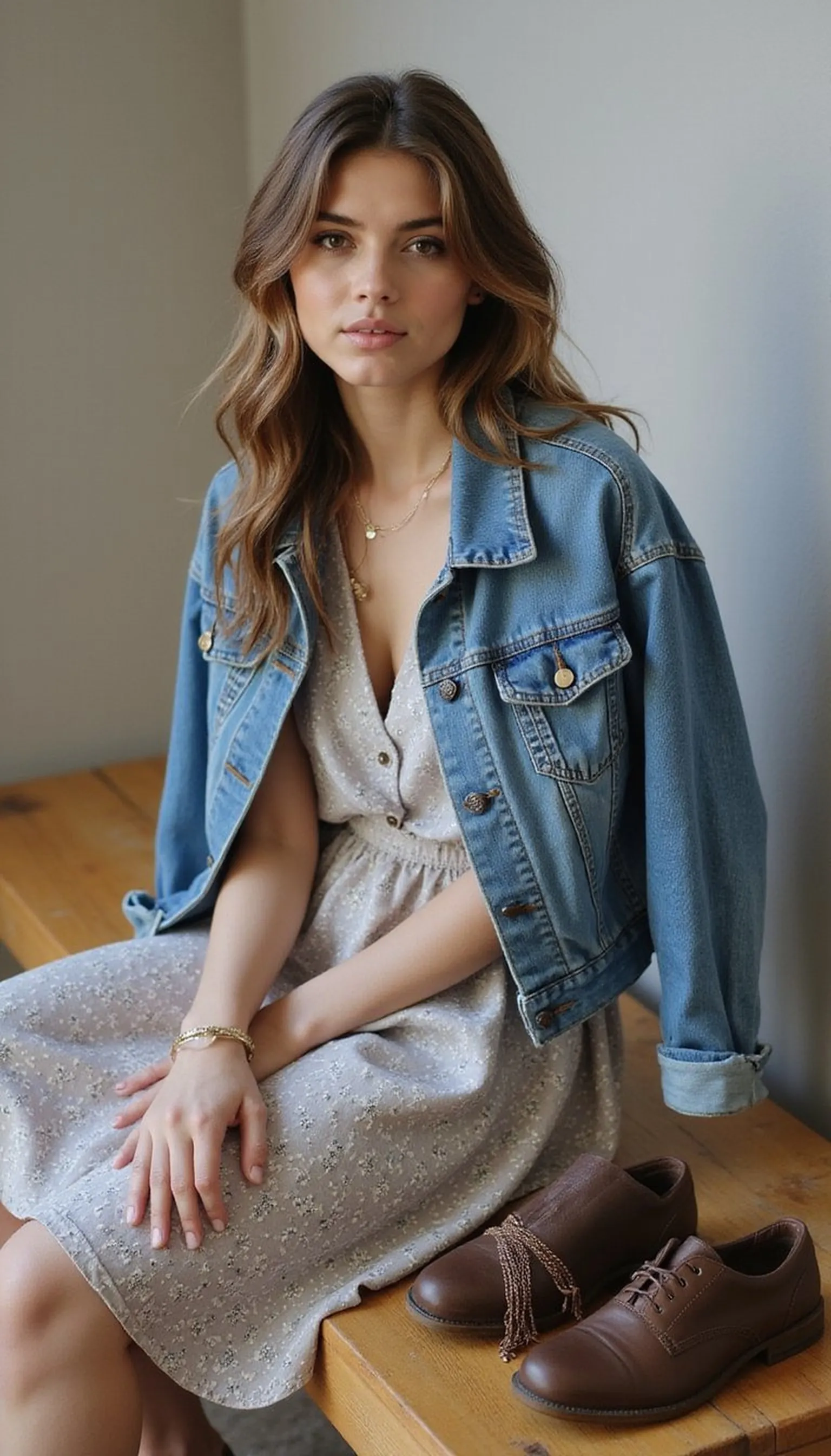 Cropped denim jacket layered over floral dress