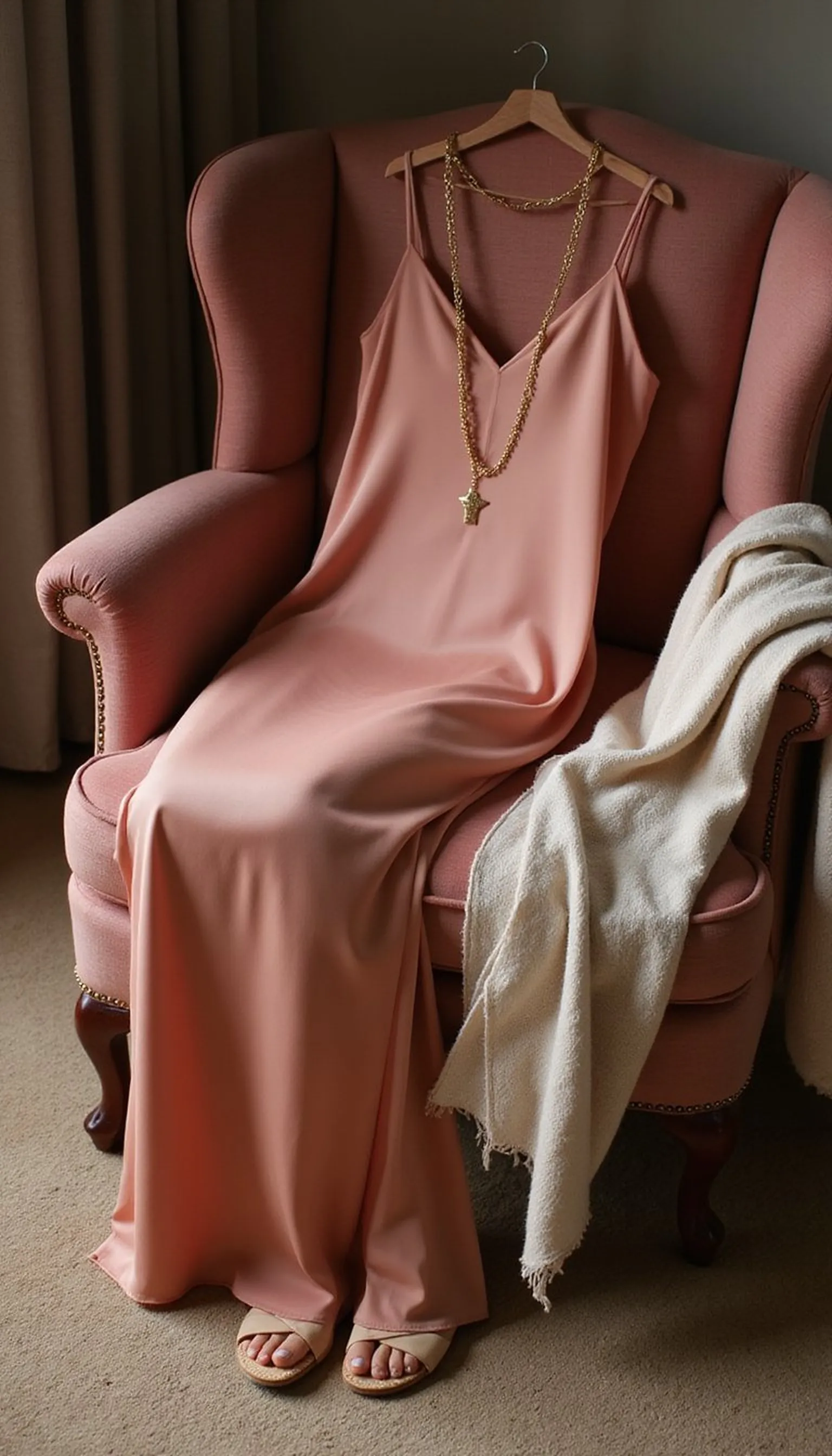 Evening silk slip with delicate gold jewelry