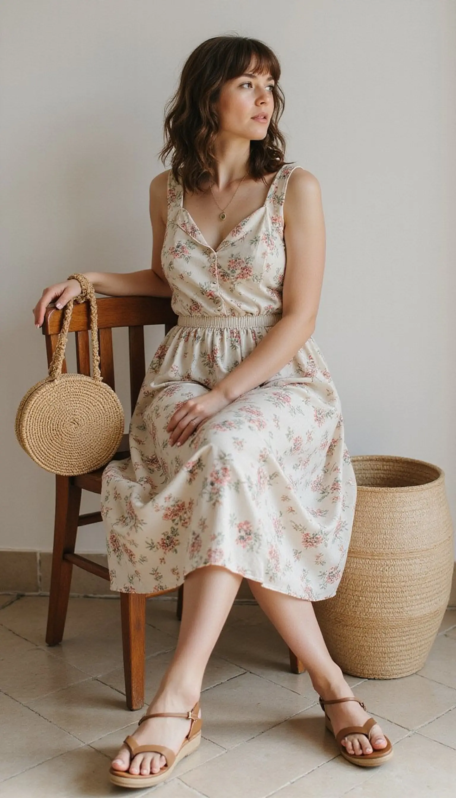 Vintage floral midi and woven basket bag