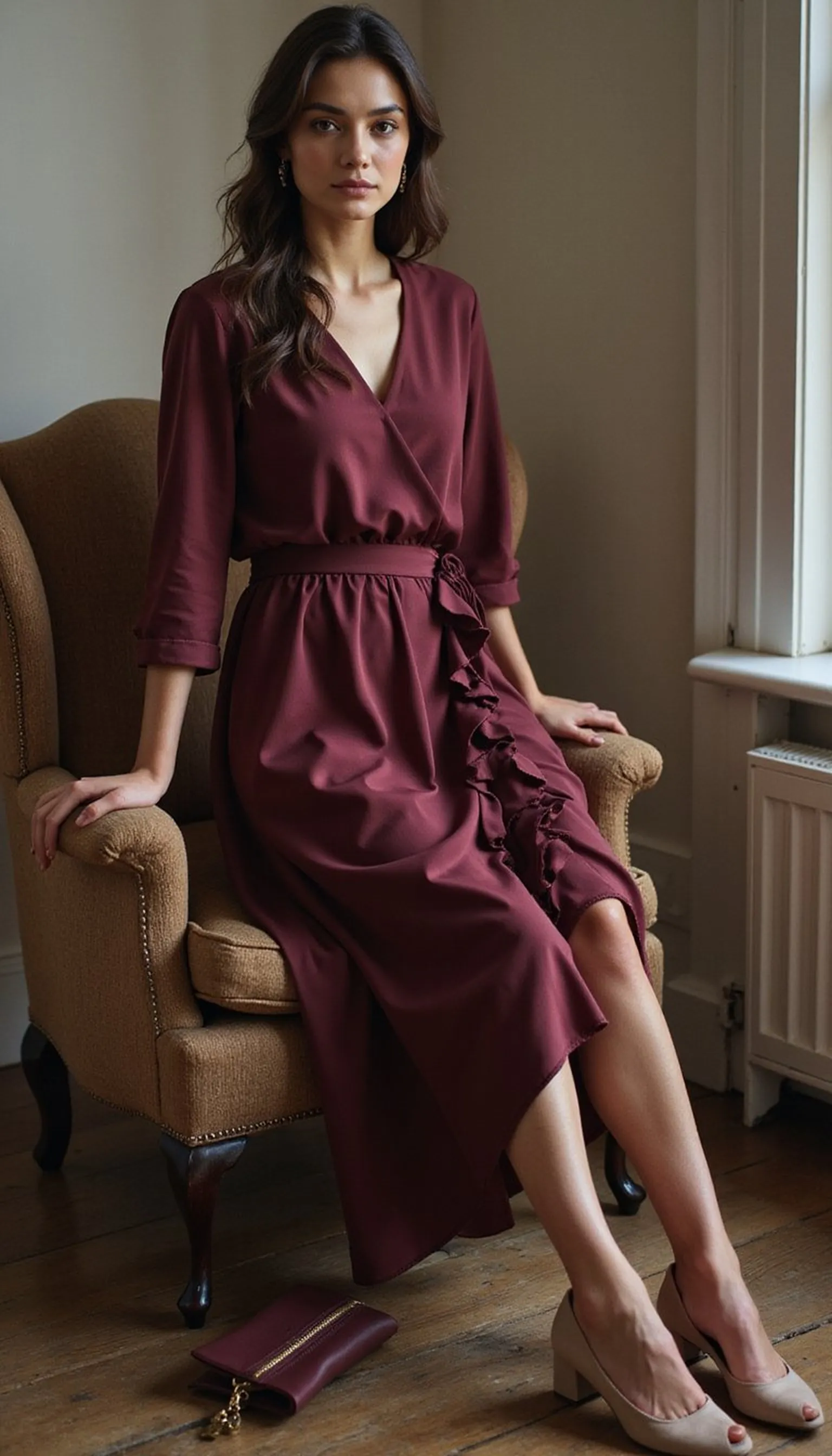 Wrap dress with subtle ruffles, evening ready