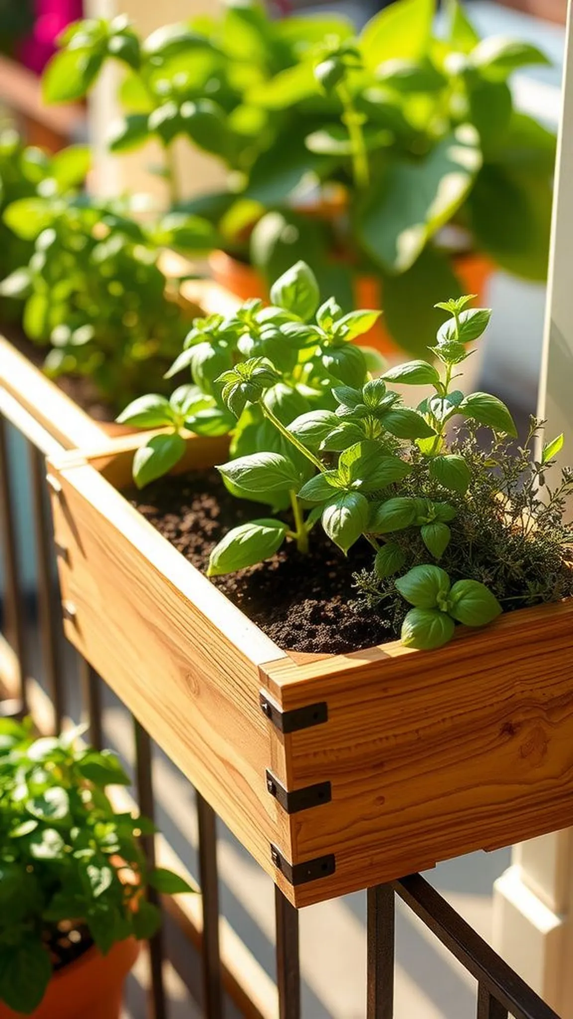 A cedar planter box brimming with herbs and scent