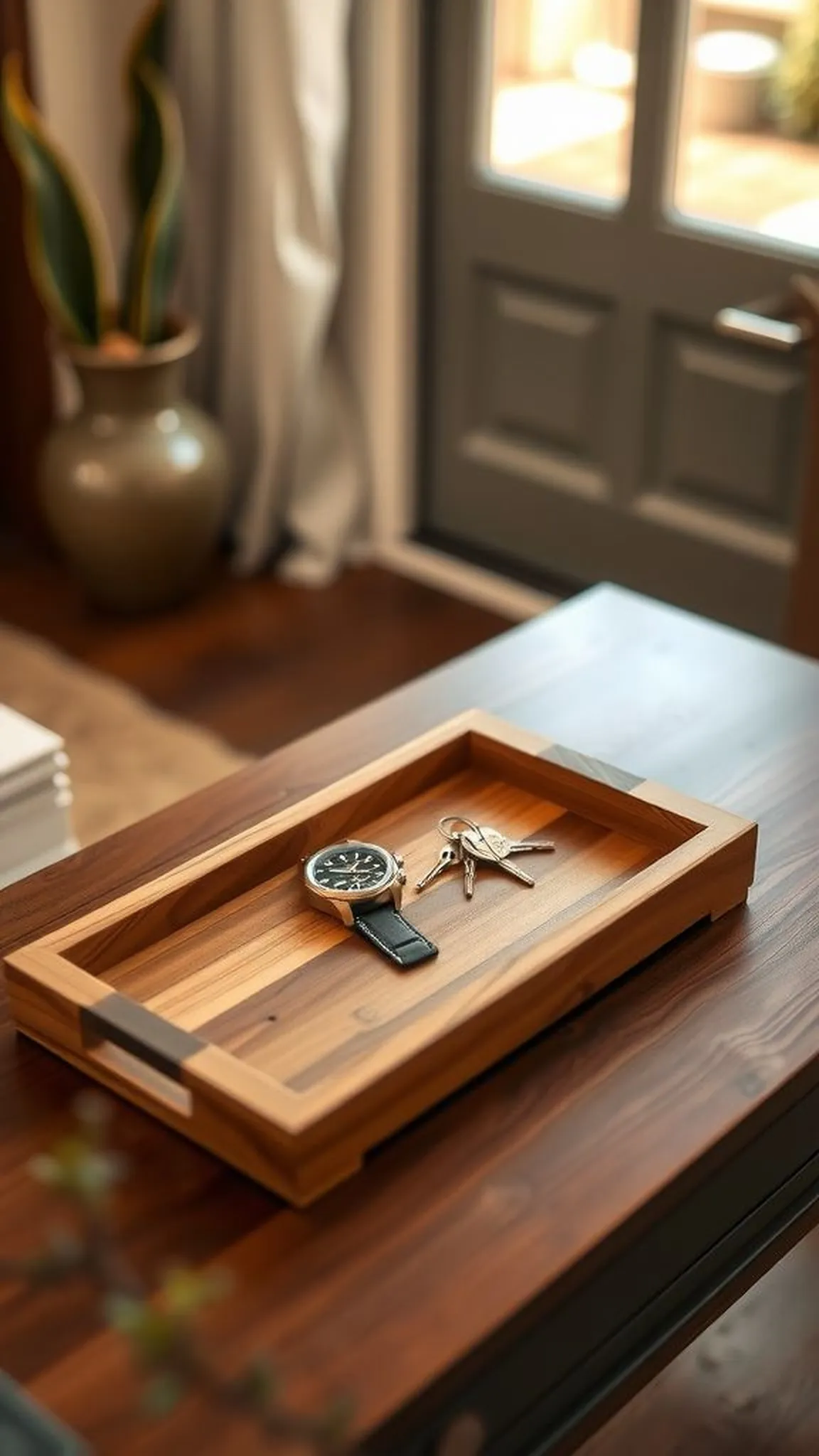 A cedar valet tray with a warm honey finish