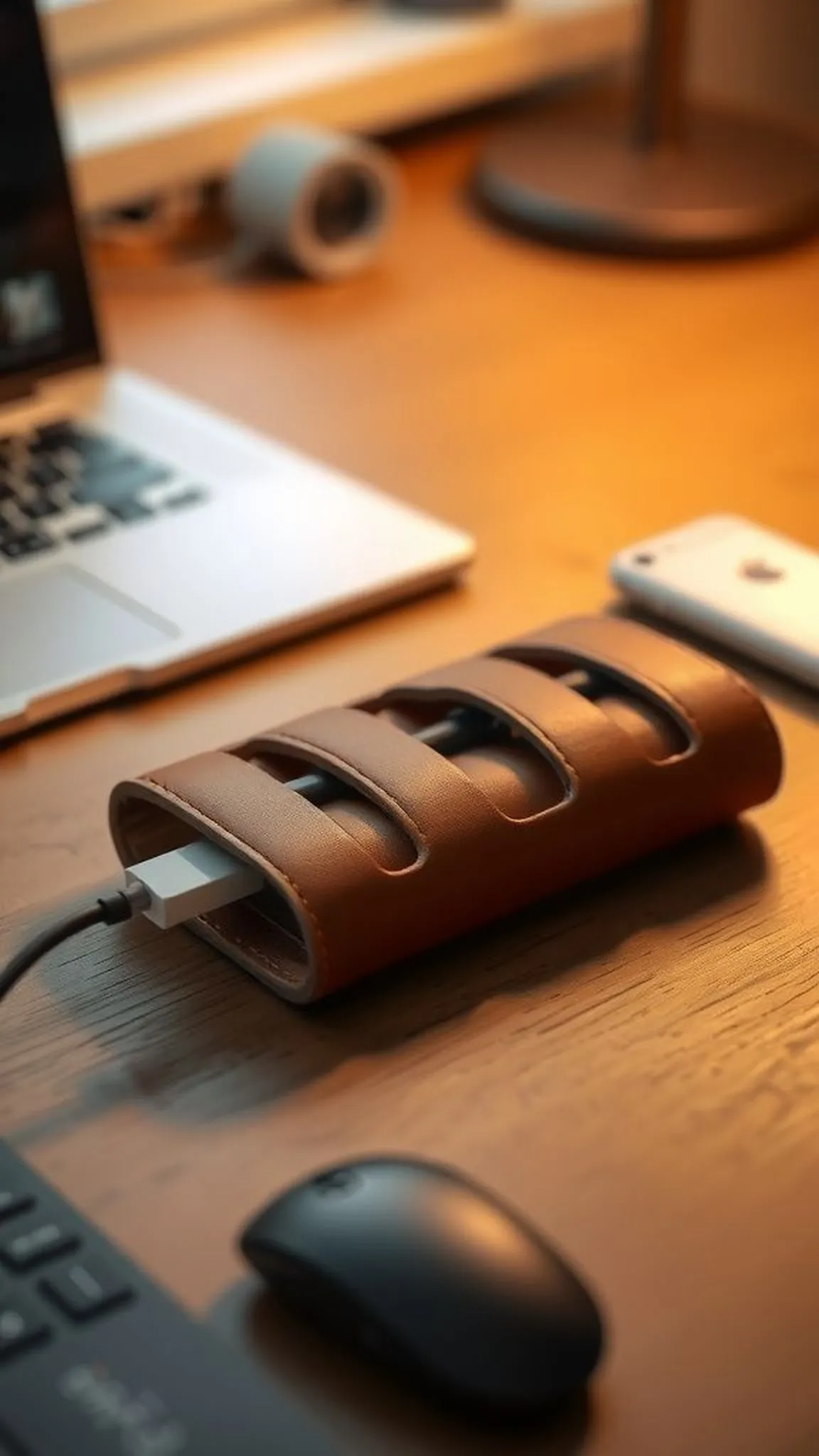 A handcrafted leather cable organizer resting on desk