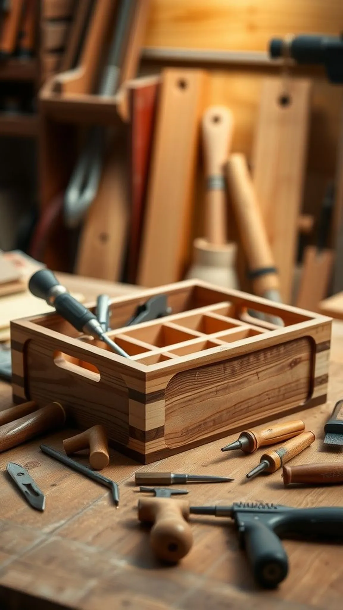 A handcrafted wooden toolbox tray with compartments