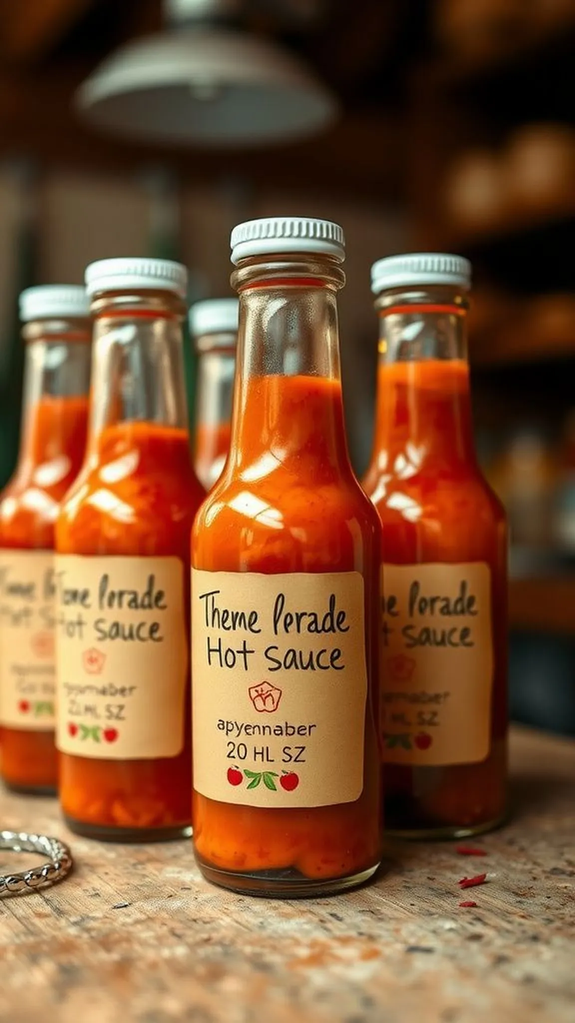 A small batch of homemade hot sauce in labeled bottles