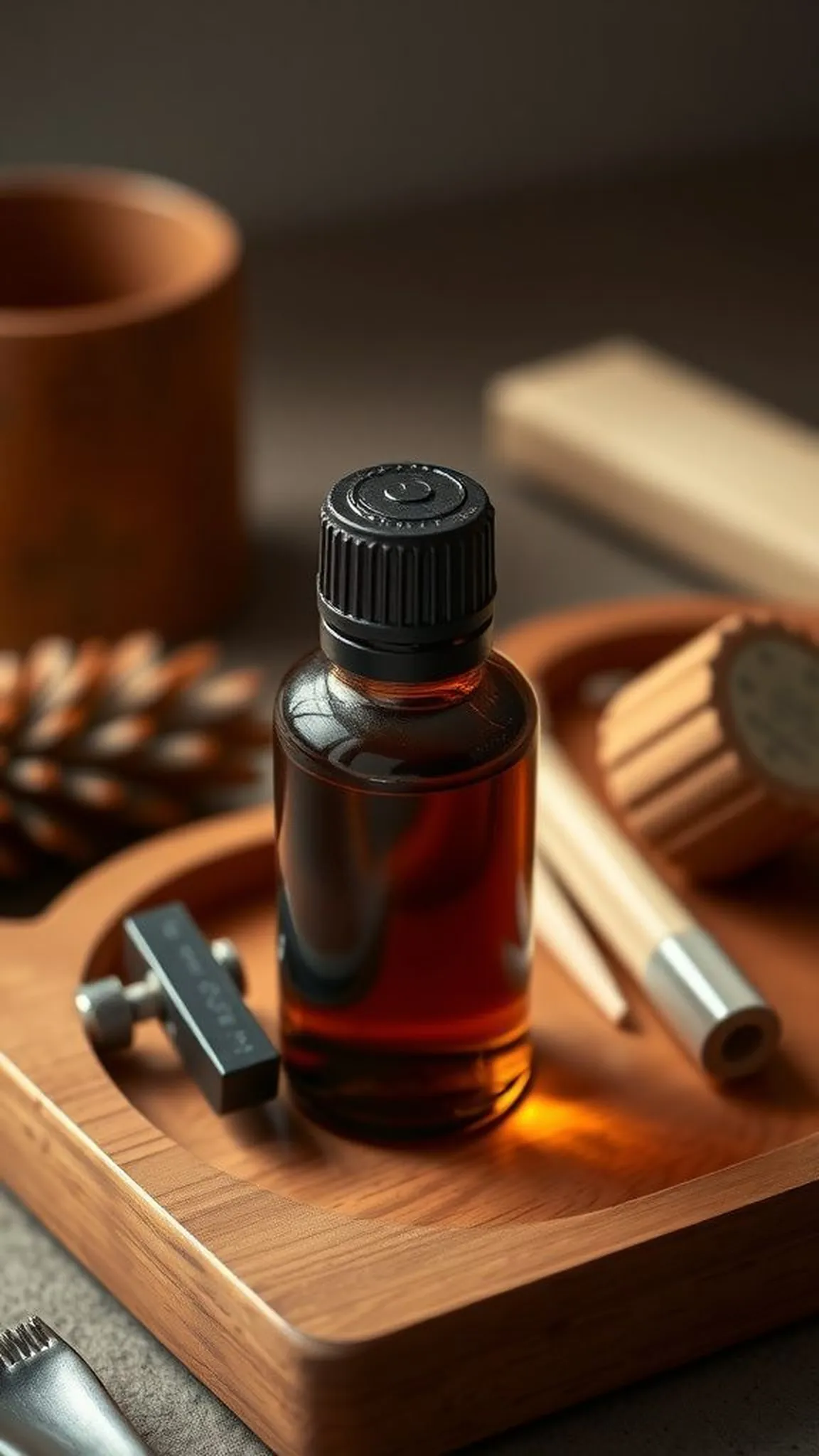 A small jar of handcrafted beard oil with notes