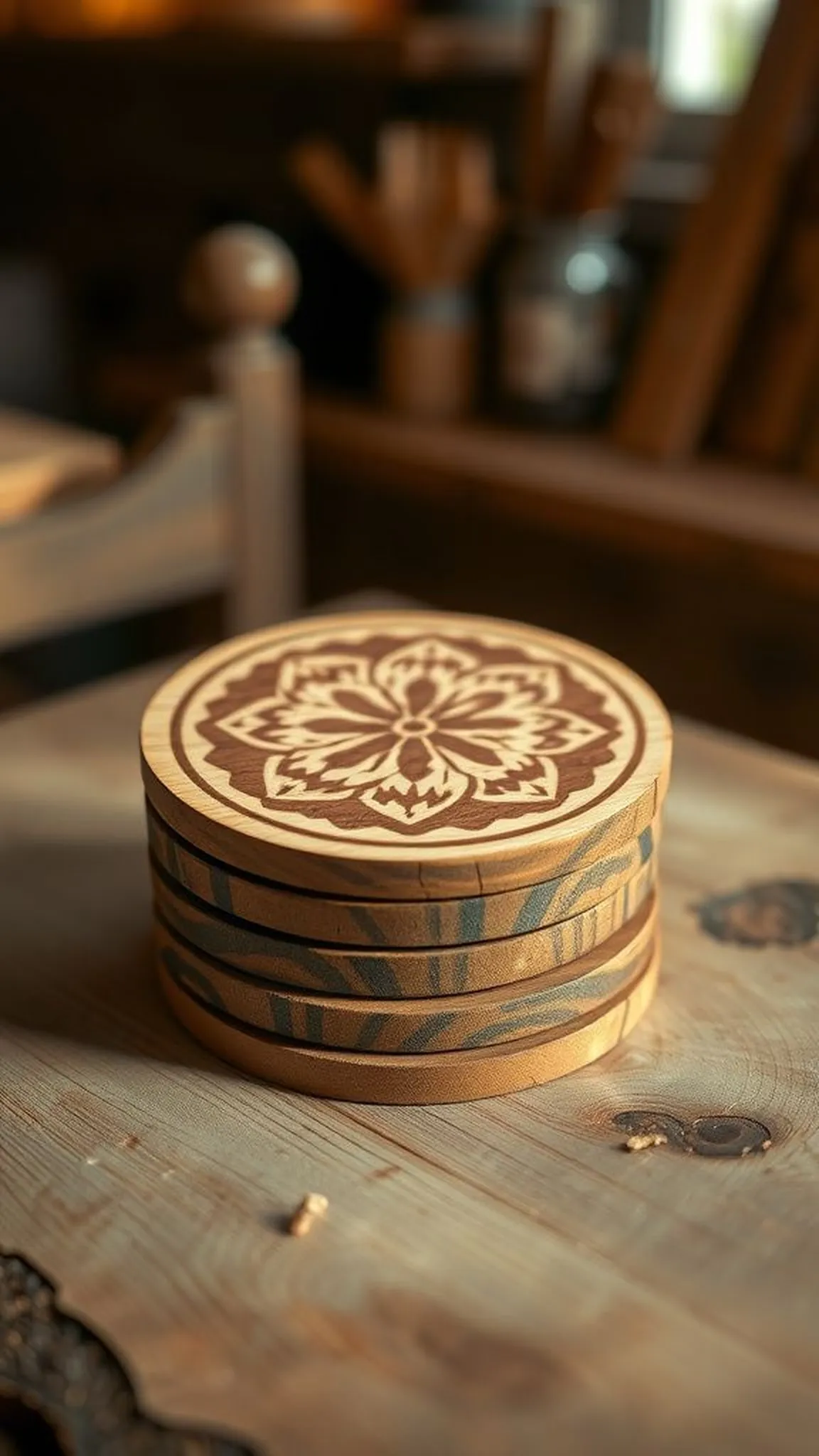 A wooden coaster set with rustic woodburned designs