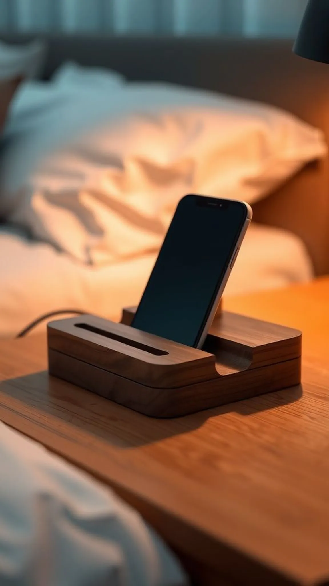 A wooden phone charging dock with carved groove