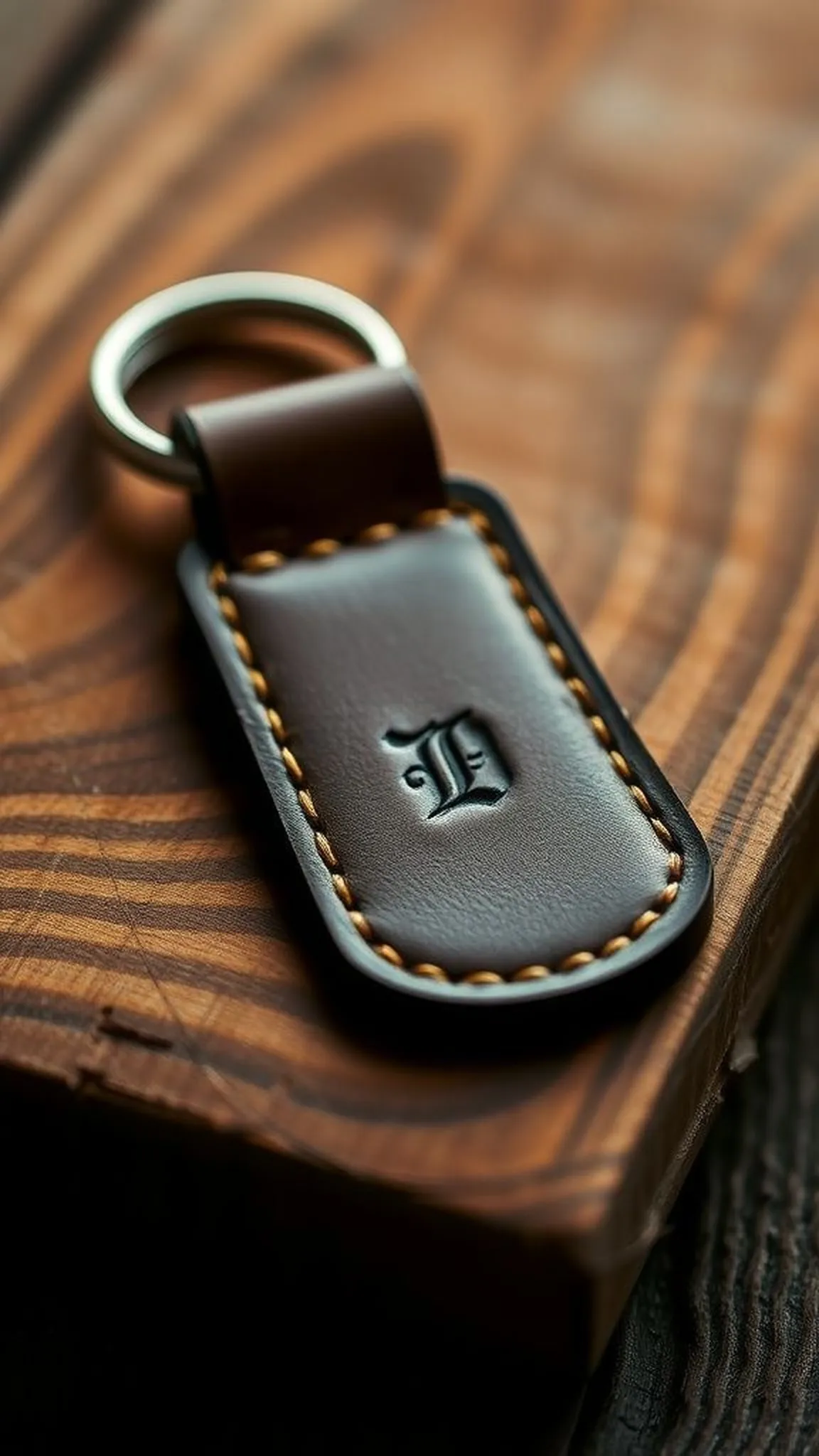 Hand-stitched leather keychain with a stamped initial