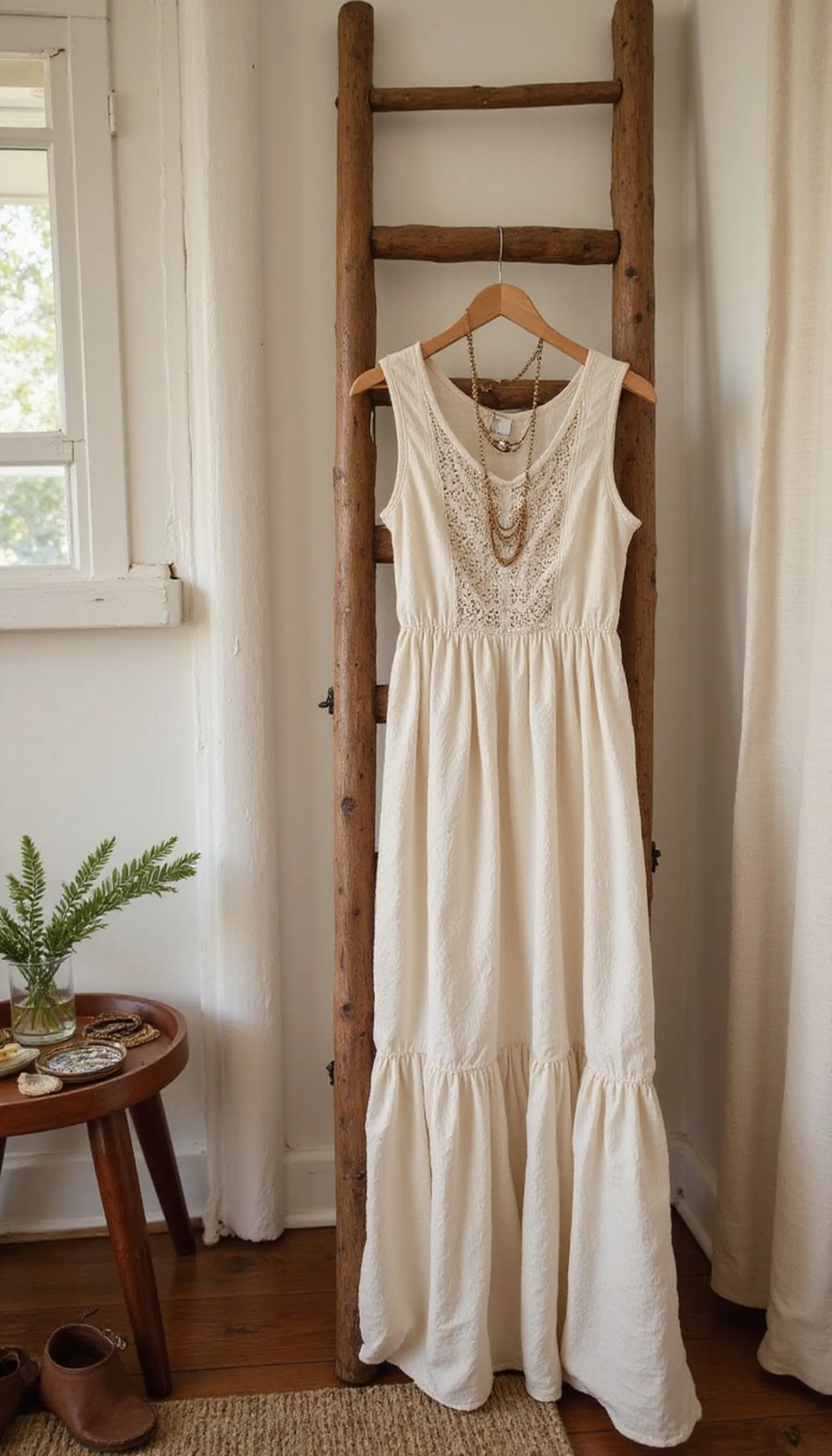 Boho maxi with layered textures and accessories
