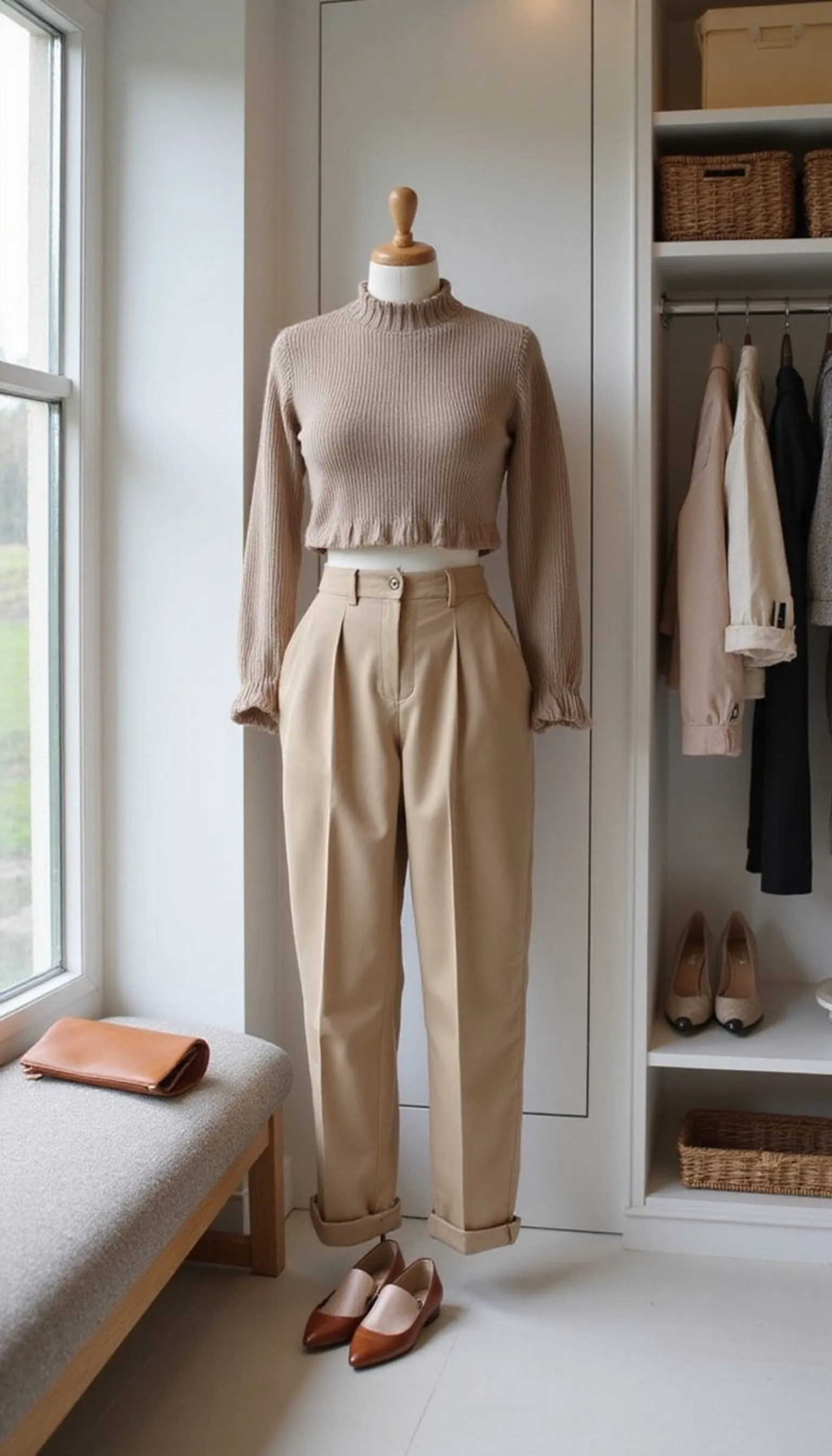 Crop top with high-waisted trousers: balanced vibe