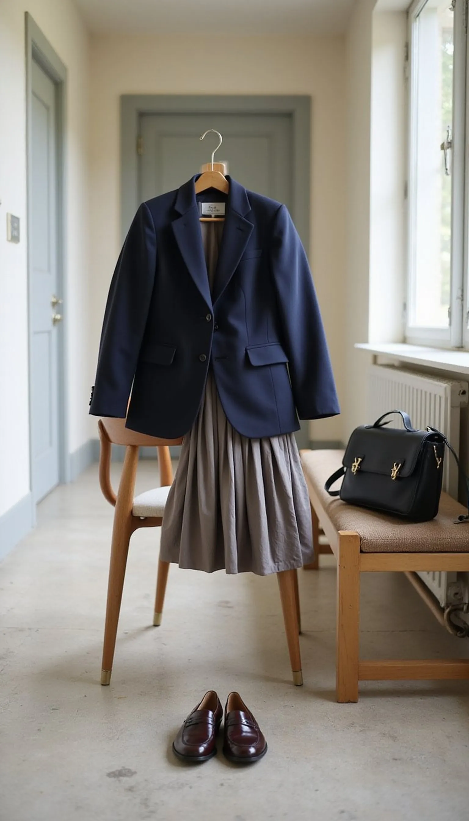 Preppy blazer and pleated skirt combo