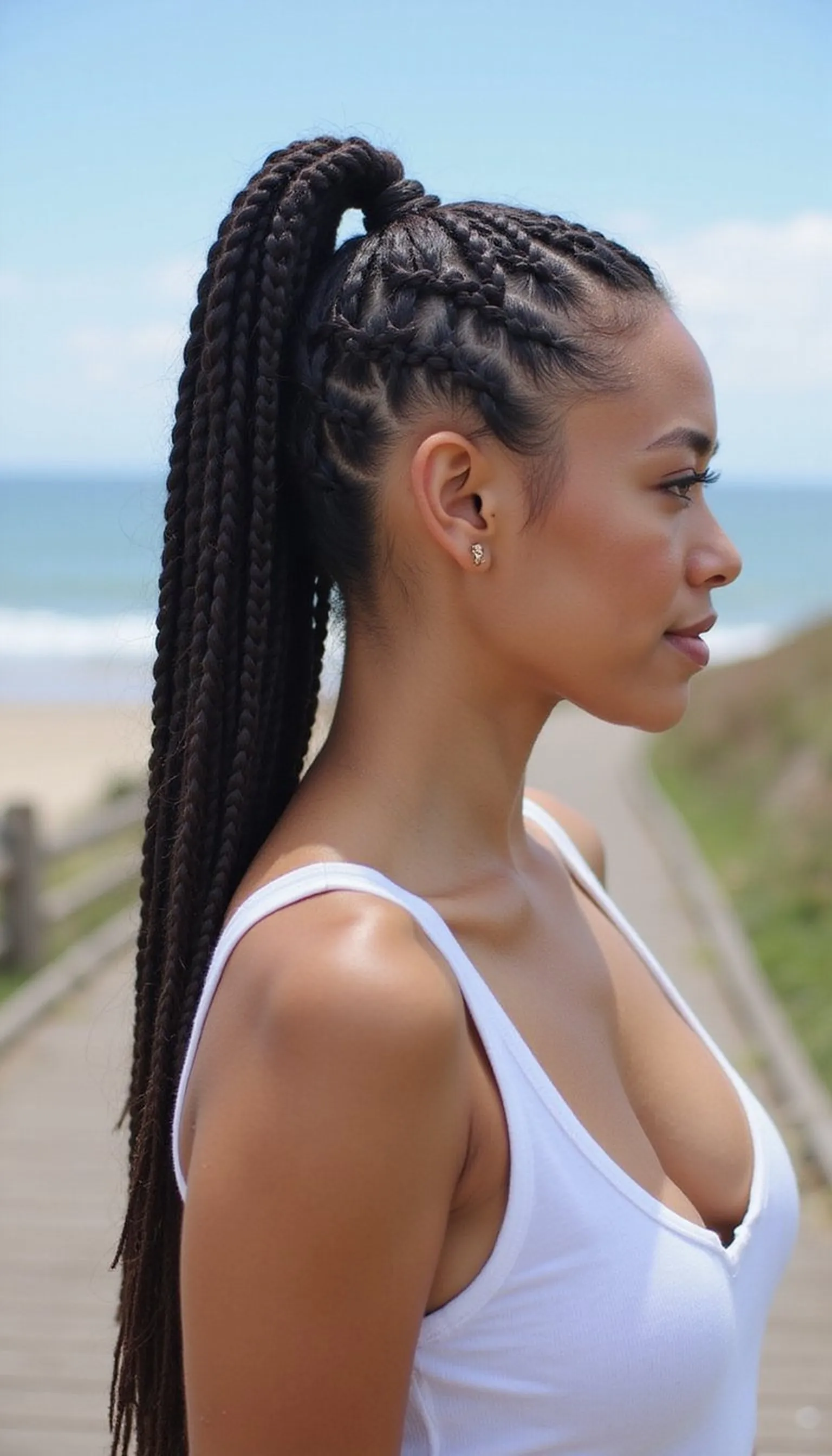 Box Braids Pulled Into High Pony For Sport