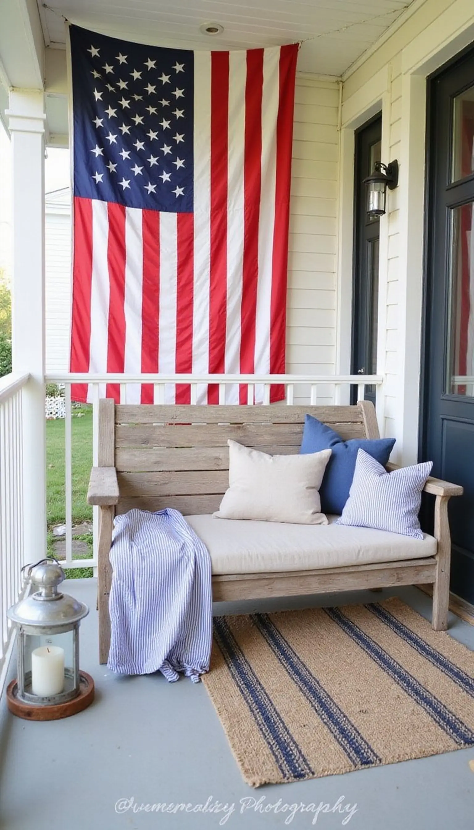 Classic flag and bunting welcome on steps