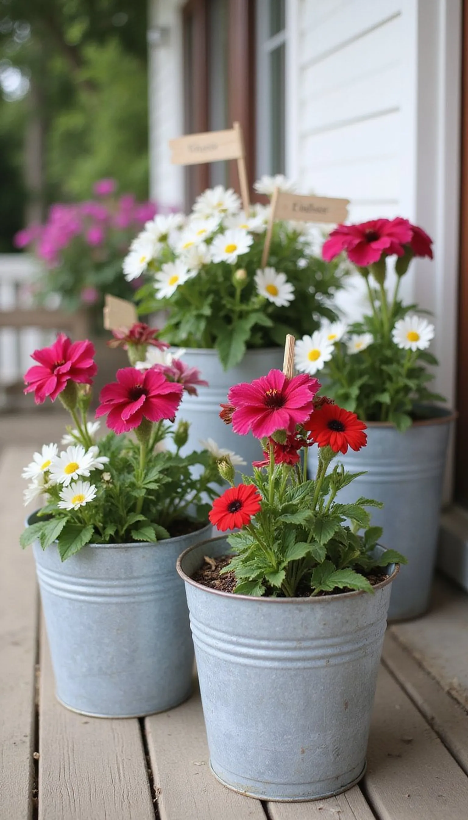 Galvanized buckets full of blooms and flags