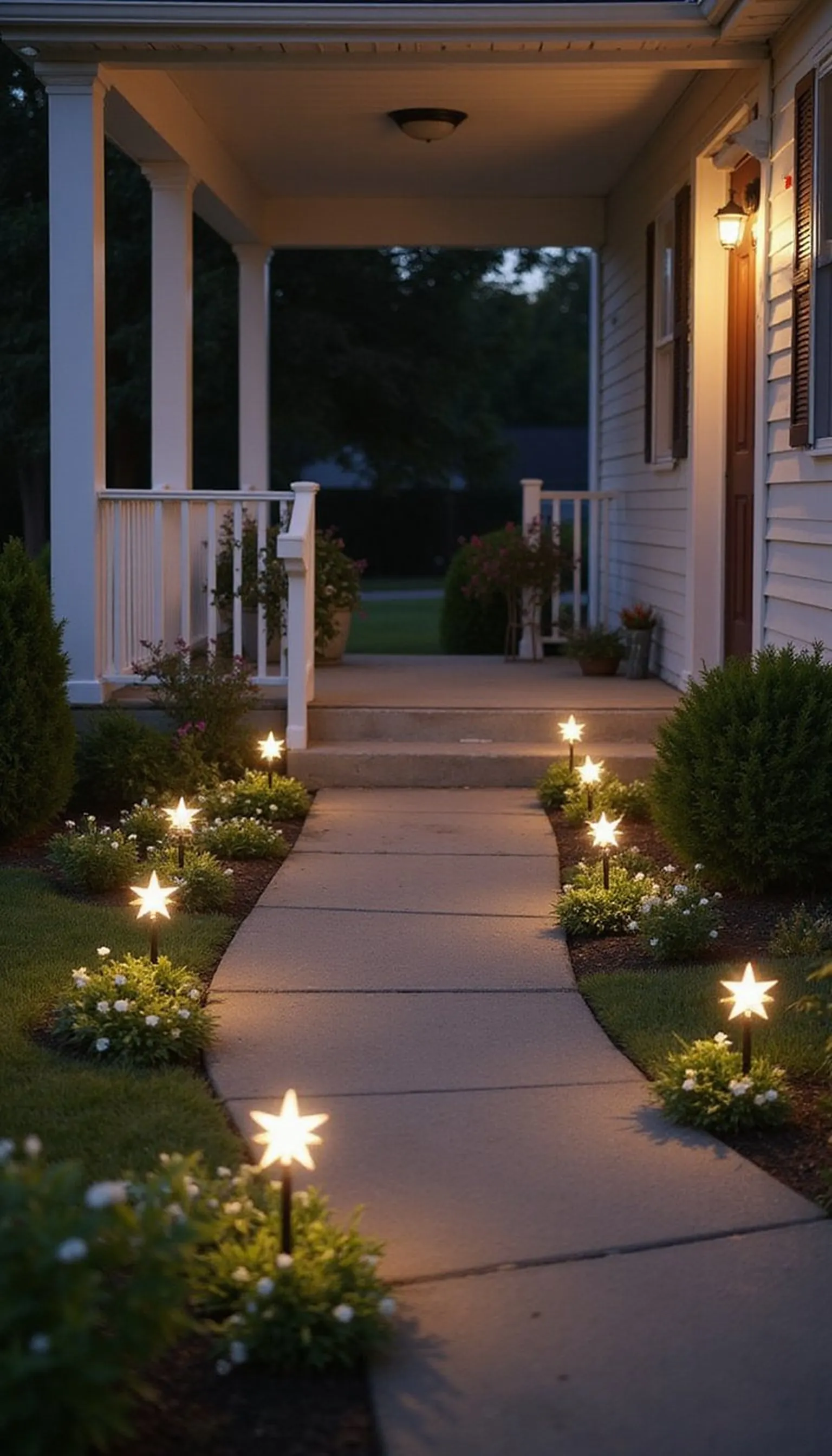 Lantern pathway lit with solar star stakes