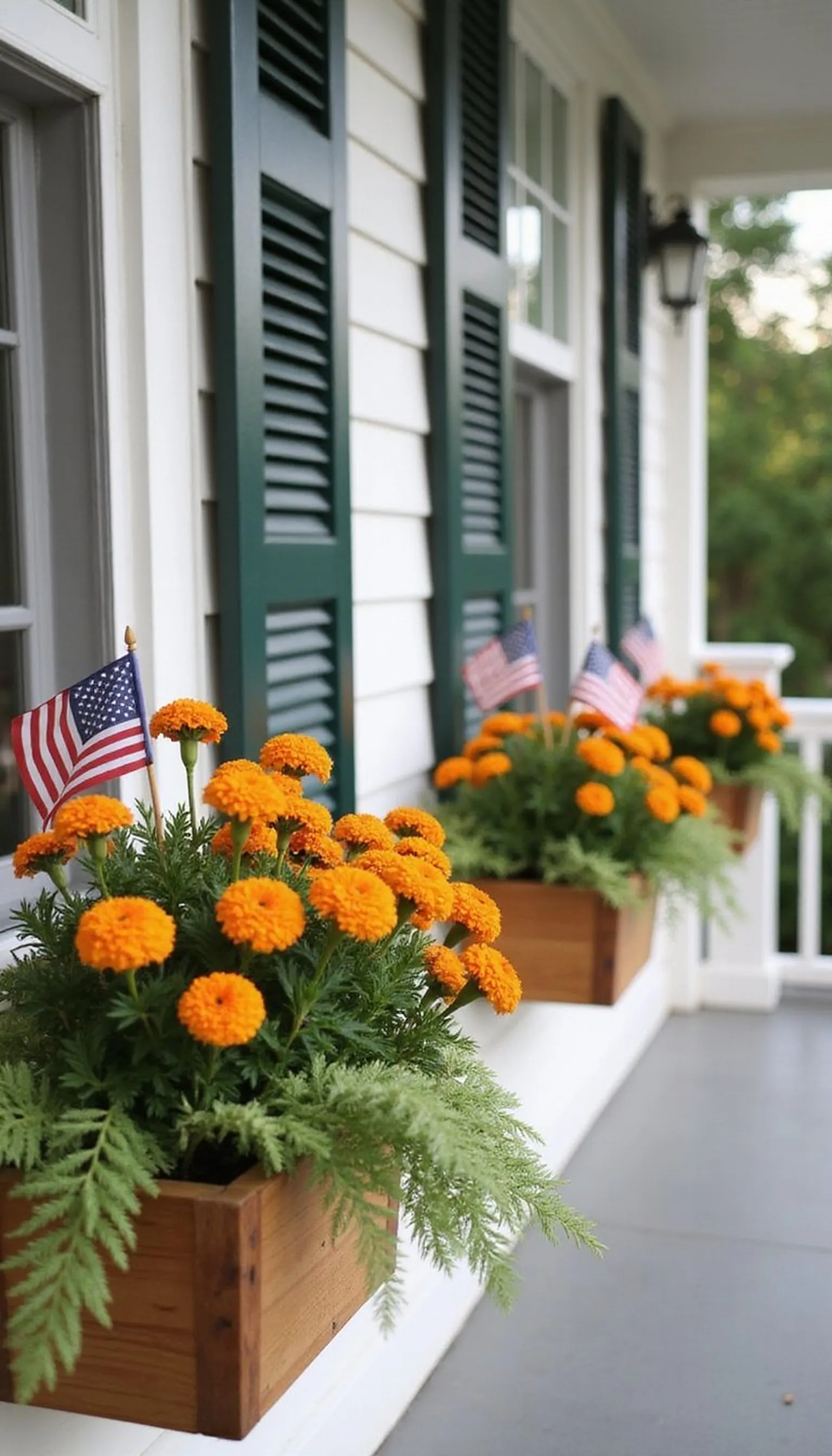 Mini flag garden boxes along the railing
