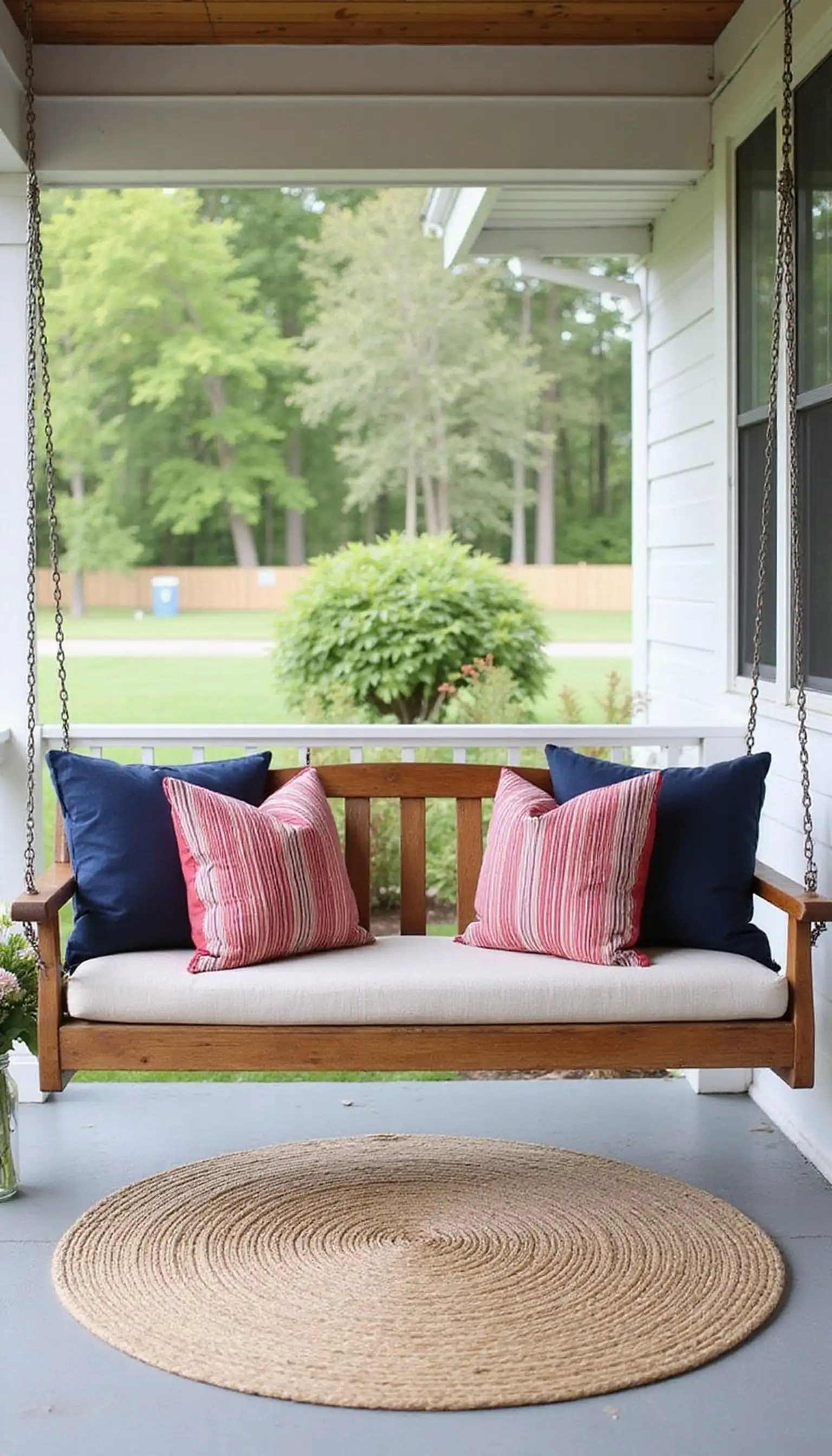 Patriotic porch swing styled with soft pillows