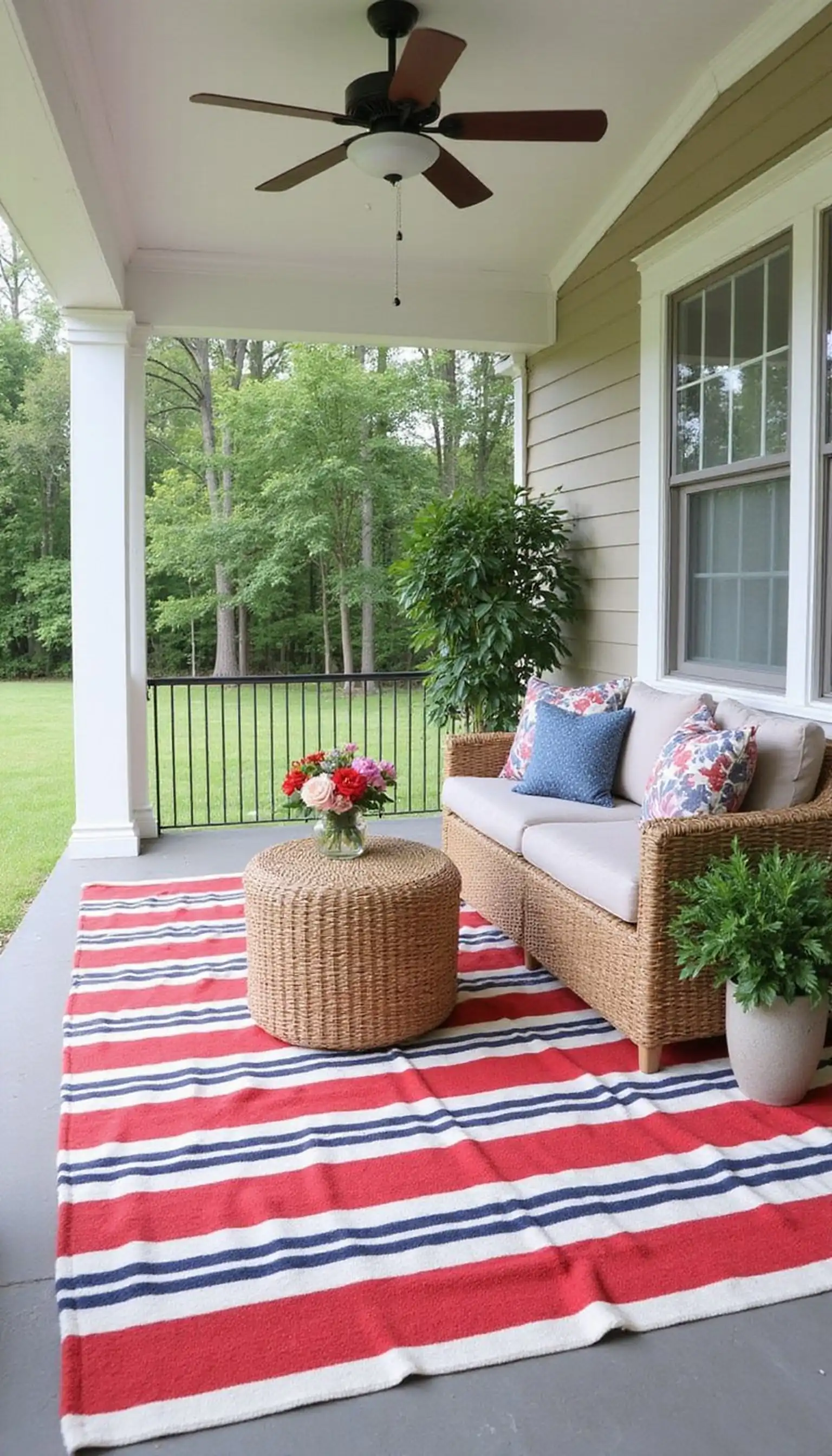 Striped outdoor rug anchors the seating area