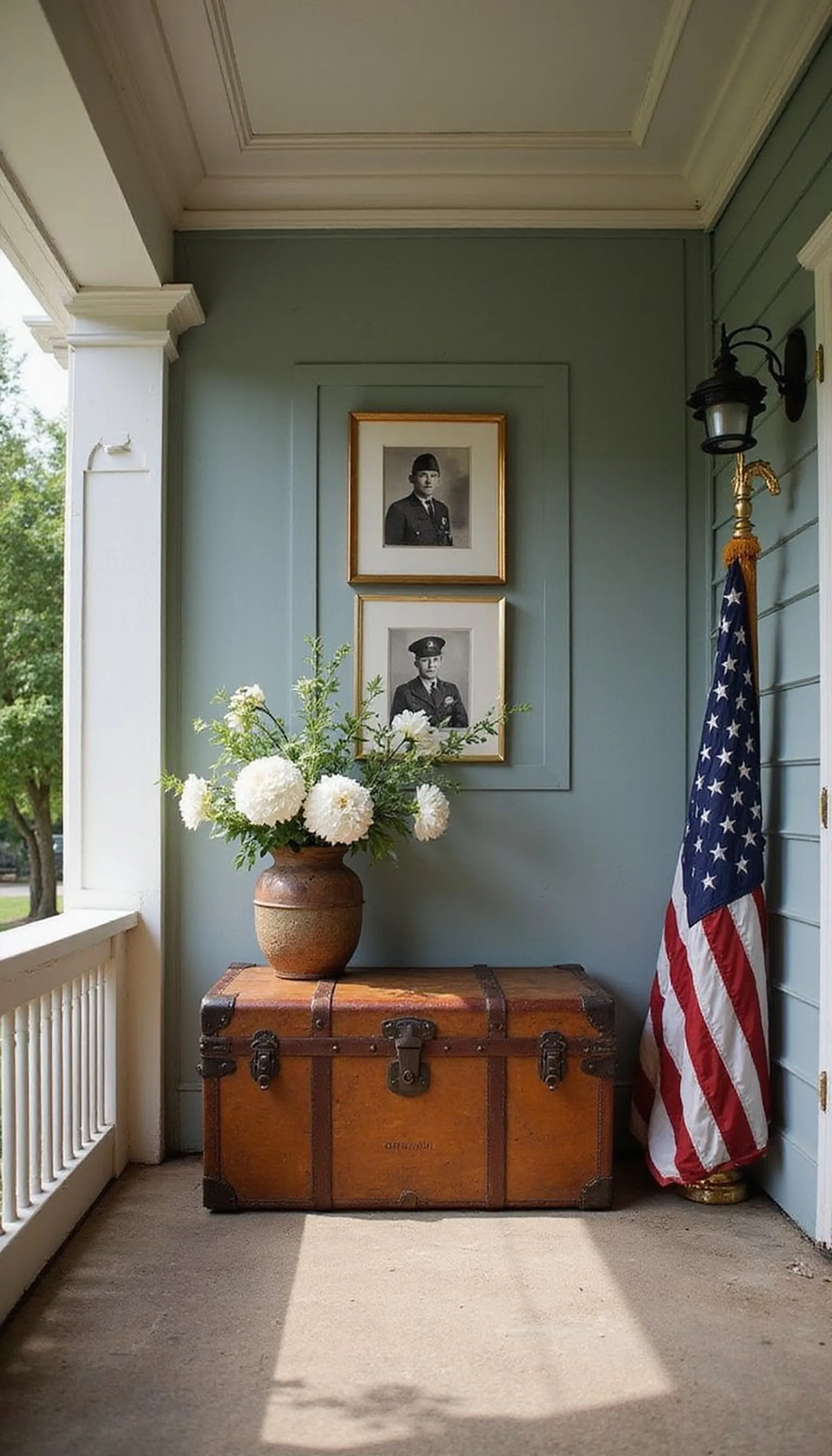 Vintage military tribute corner on the porch