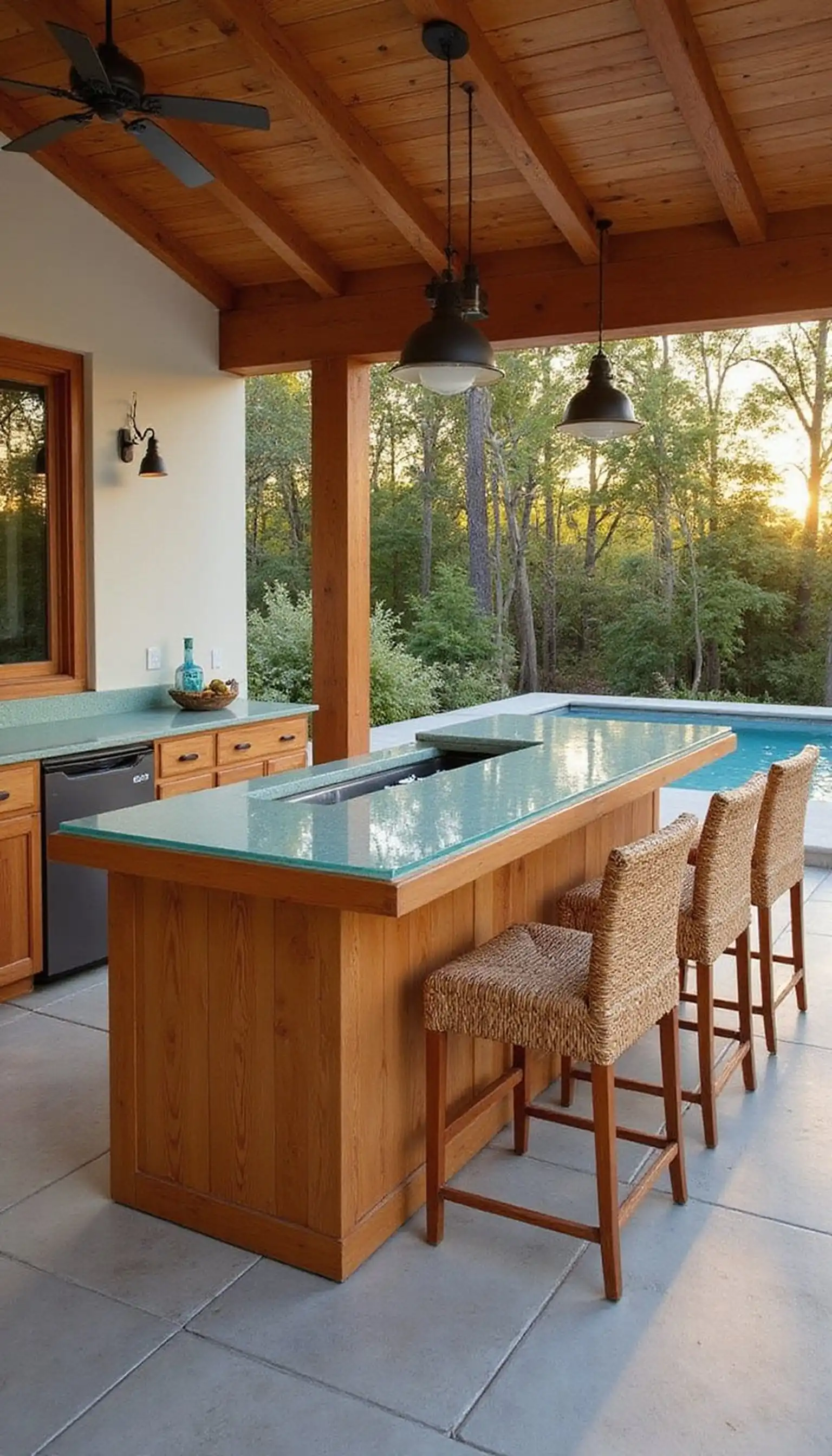 Glass-Topped Teak Bar With Stools for Sunset Sips