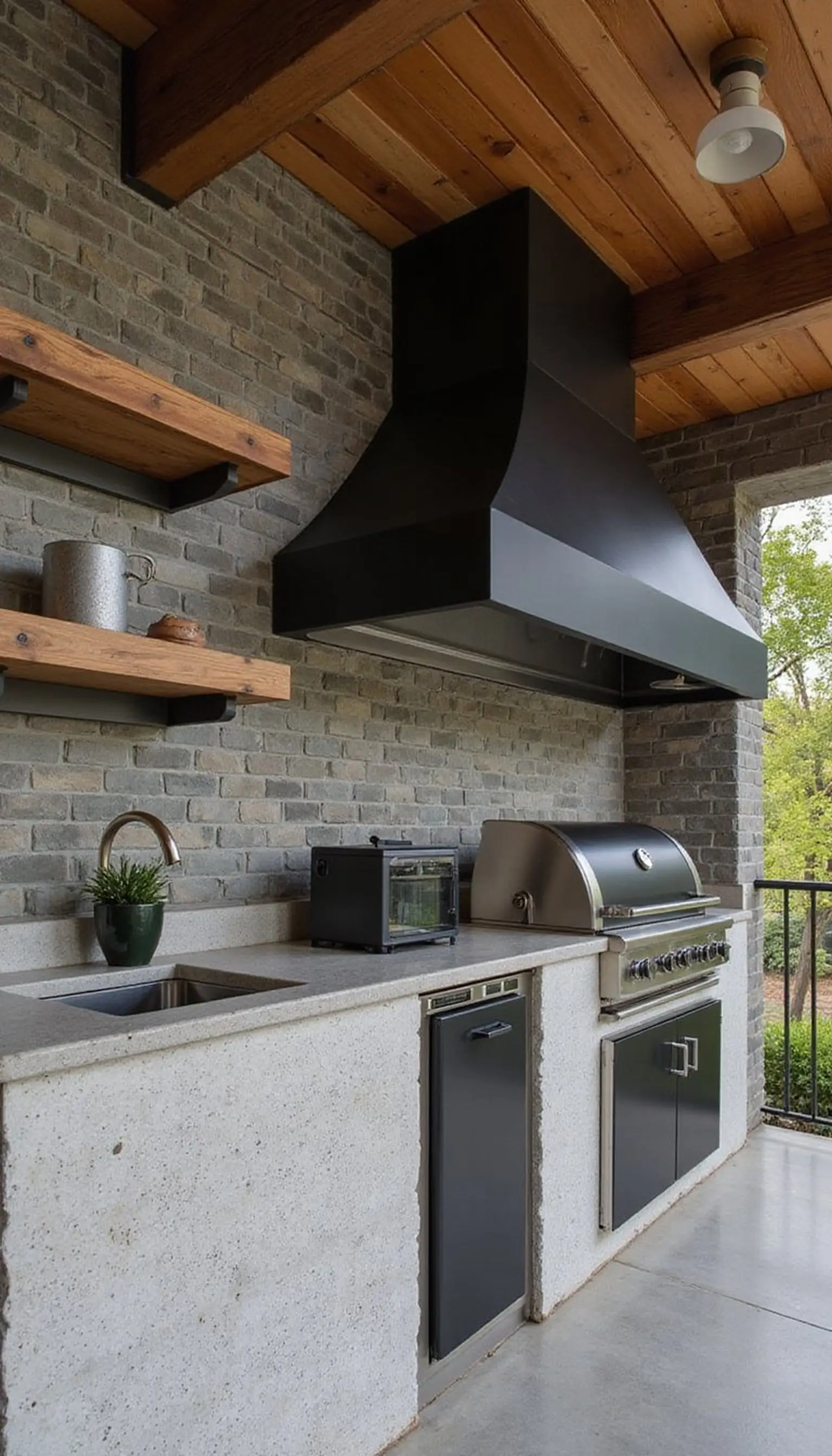Outdoor Kitchen With Stone Counter and Breeze