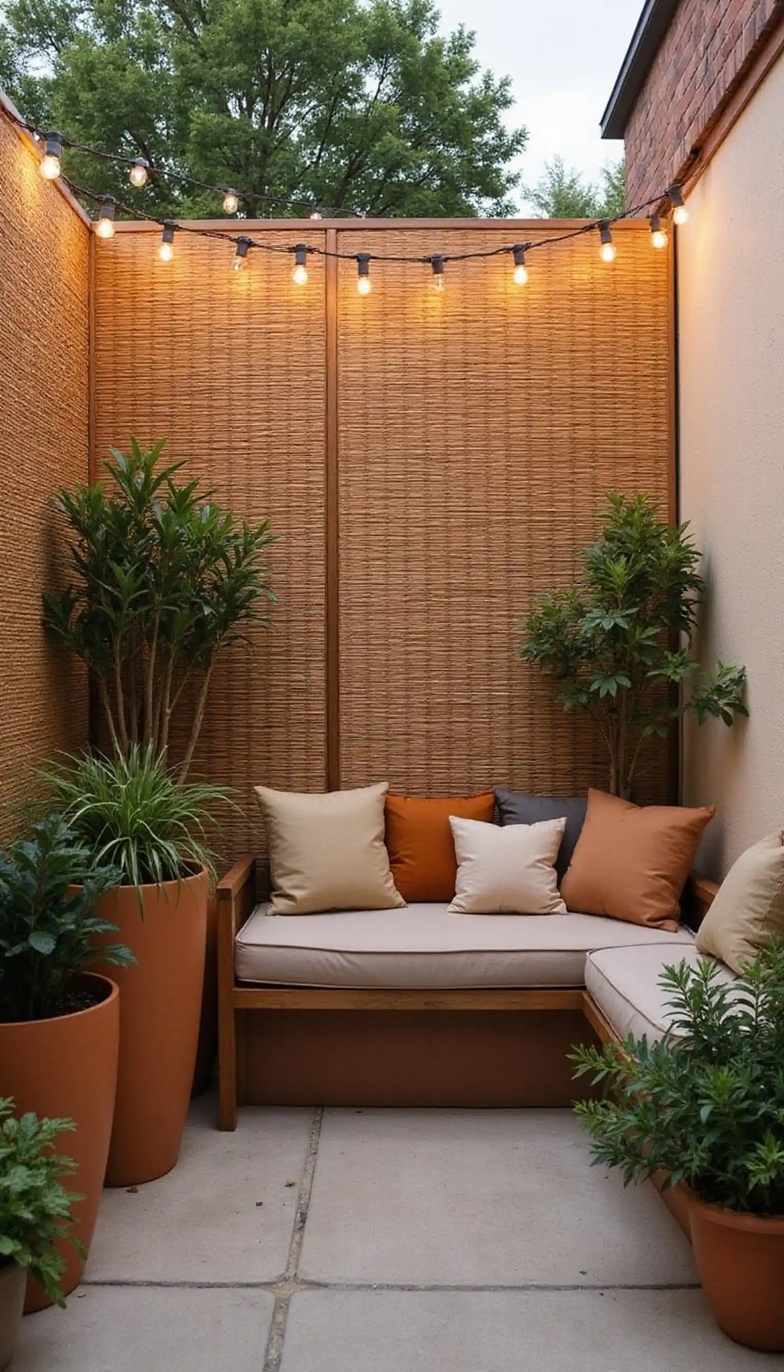String Lights and Bamboo Screens for Privacy